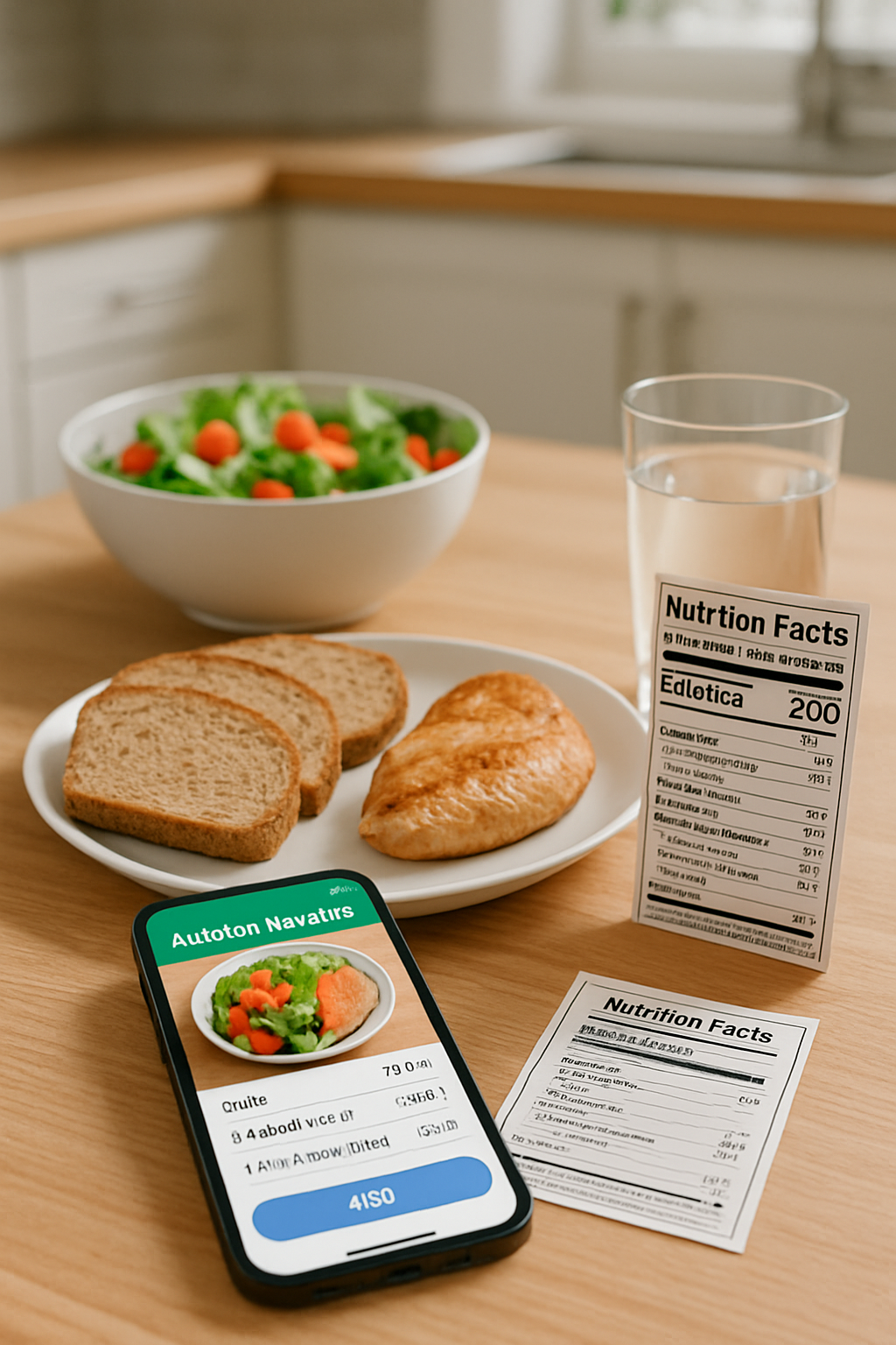 Smartphone displaying the SnapEat AI nutrition app interface, showing a nutritional analysis of a healthy meal.