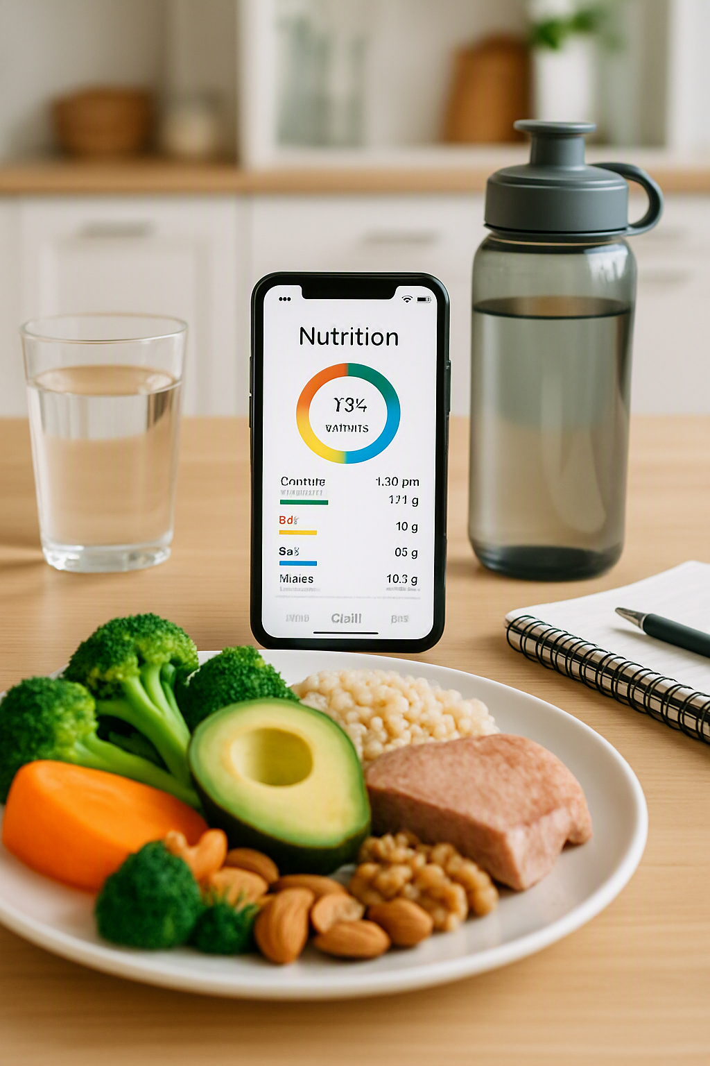 A smartphone displaying the SnapEat AI app, which has analyzed a photo of a healthy meal of salmon, broccoli, and quinoa.