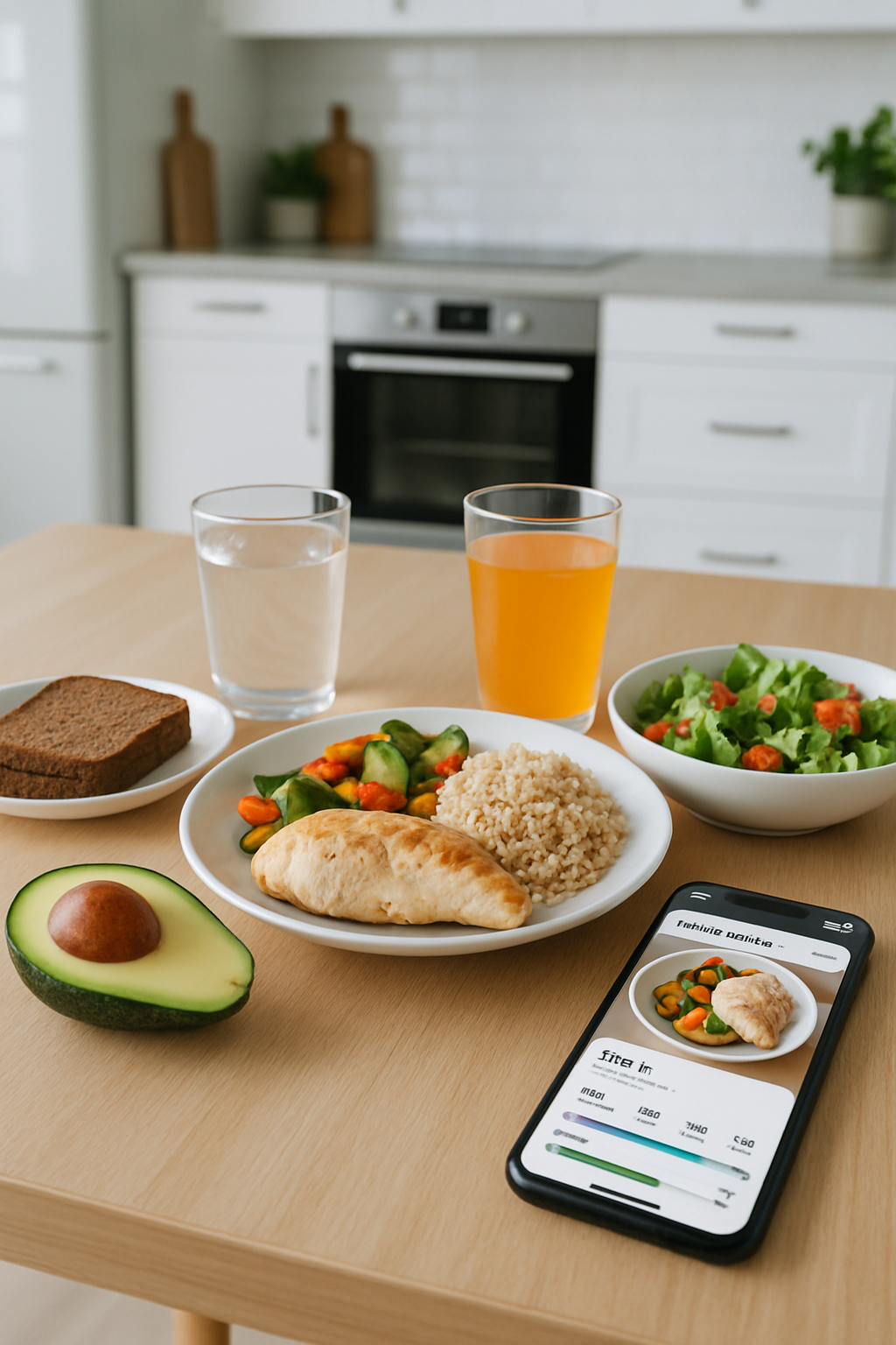 A smartphone showing the SnapEat AI nutrition tracker app interface with a healthy meal of chicken and vegetables in the background.