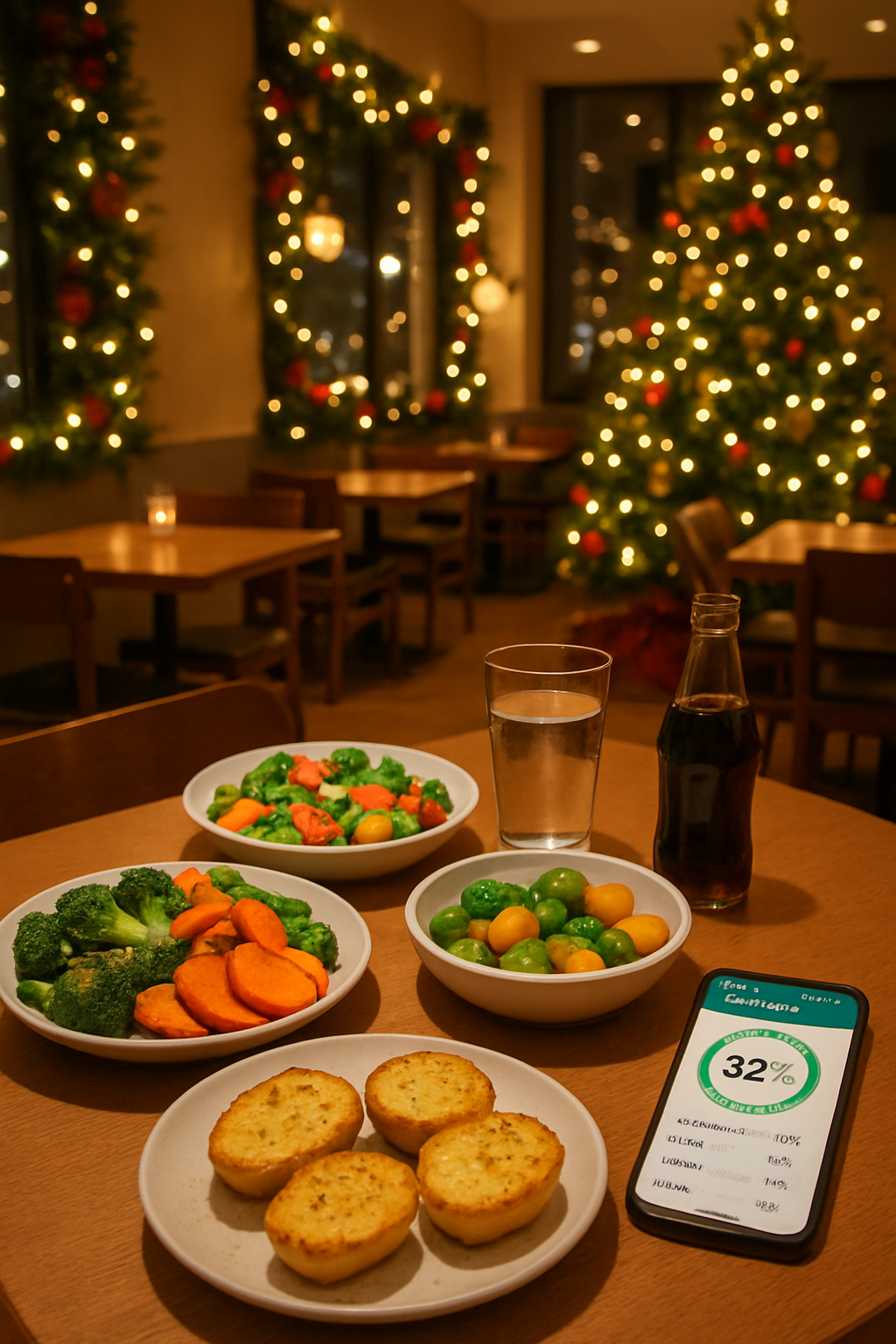 A festive and healthy meal at a restaurant on Christmas Eve with a cozy, lit background.