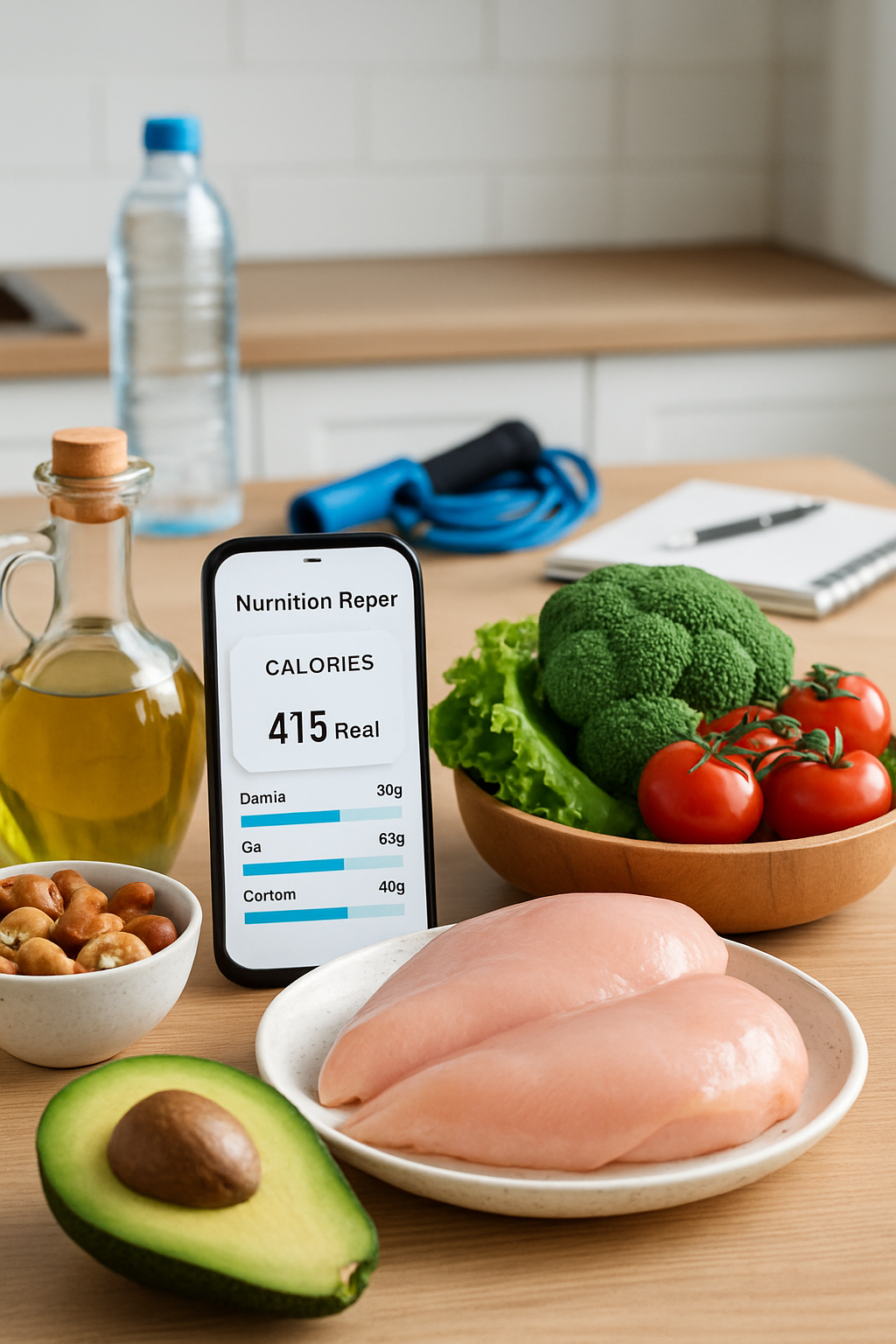 A smartphone displaying the SnapEat AI app interface analyzing a healthy meal of salmon and vegetables for a fat loss challenge.