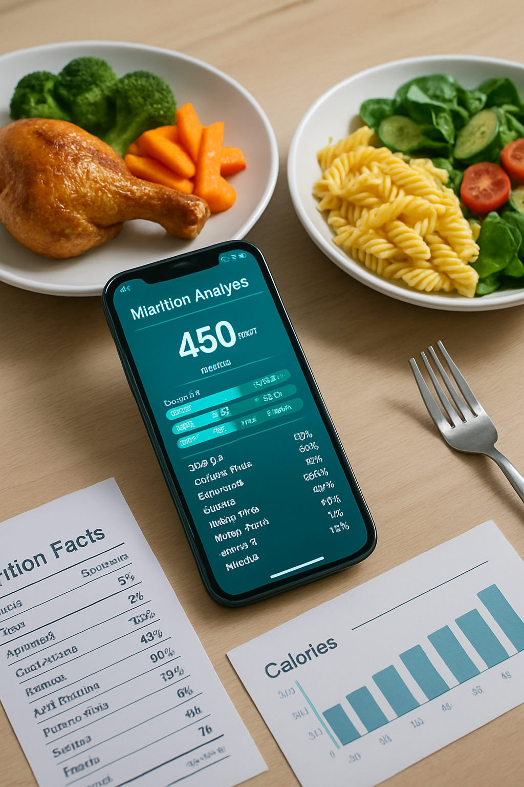 Smartphone showing the SnapEat AI nutrition tracker app analyzing a photo of a healthy meal of salmon and vegetables.