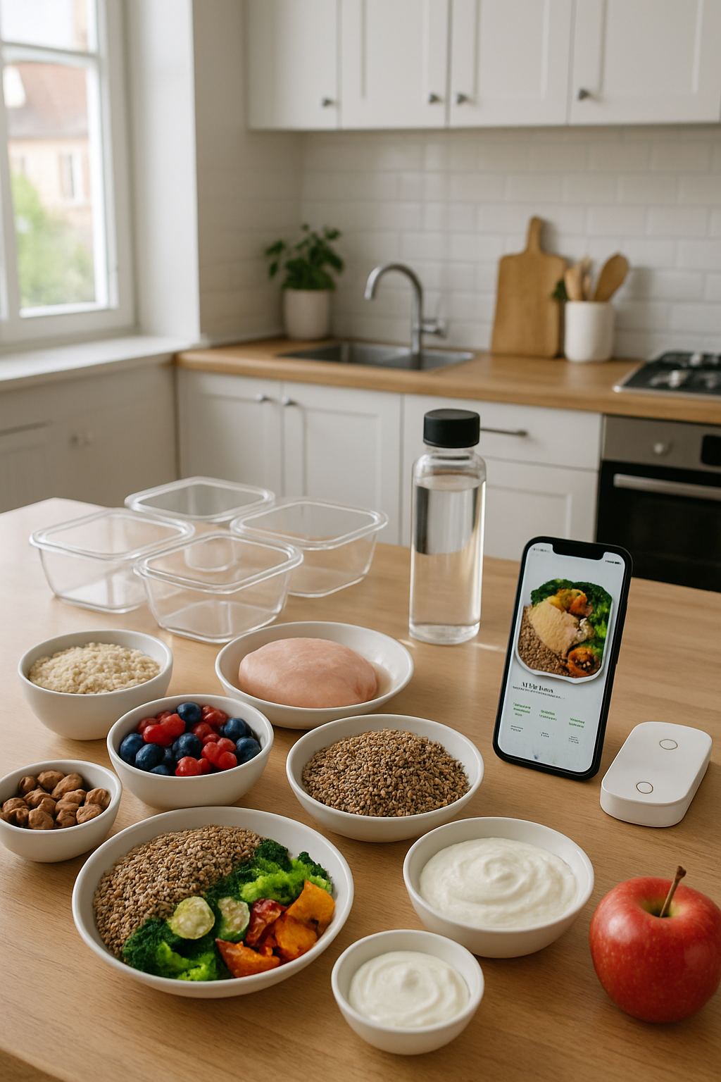Smartphone showing the SnapEat AI food recognition app analyzing a healthy meal, part of a Sunday wellness routine