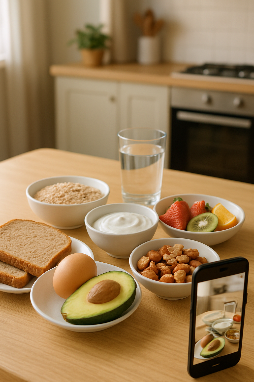 A balanced sahur meal of oatmeal, eggs, and avocado being tracked by the SnapEat AI calorie counter app for healthy fasting.