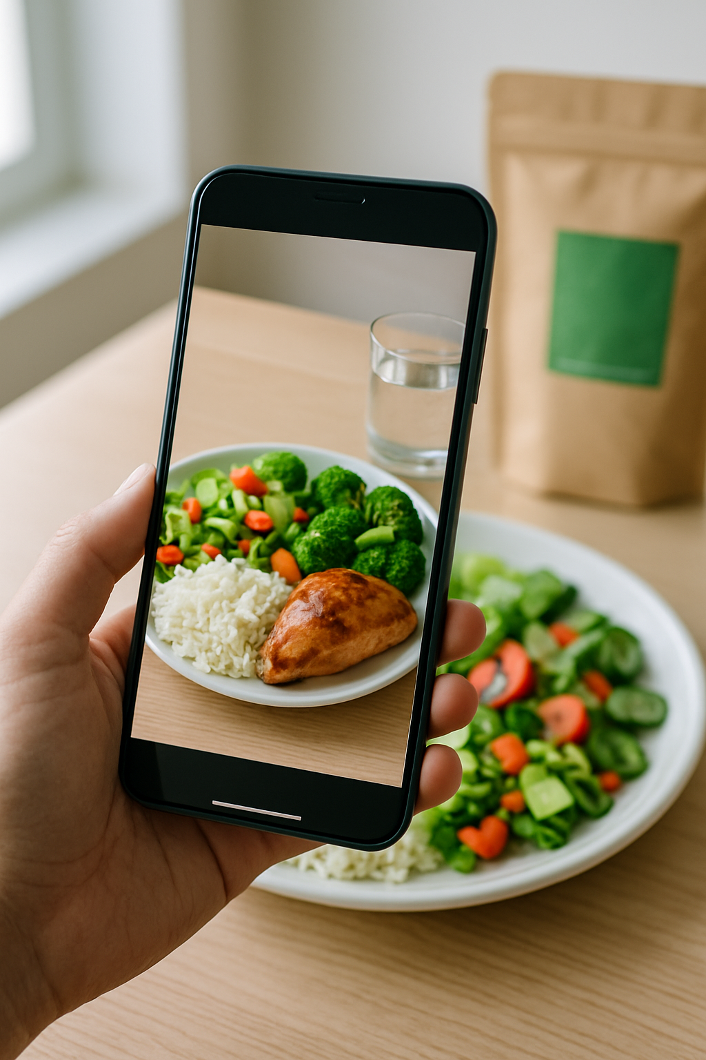 A healthy meal of salmon, broccoli, and quinoa on a plate, with a phone beside it showing the NutriSmart App nutrition tracker.