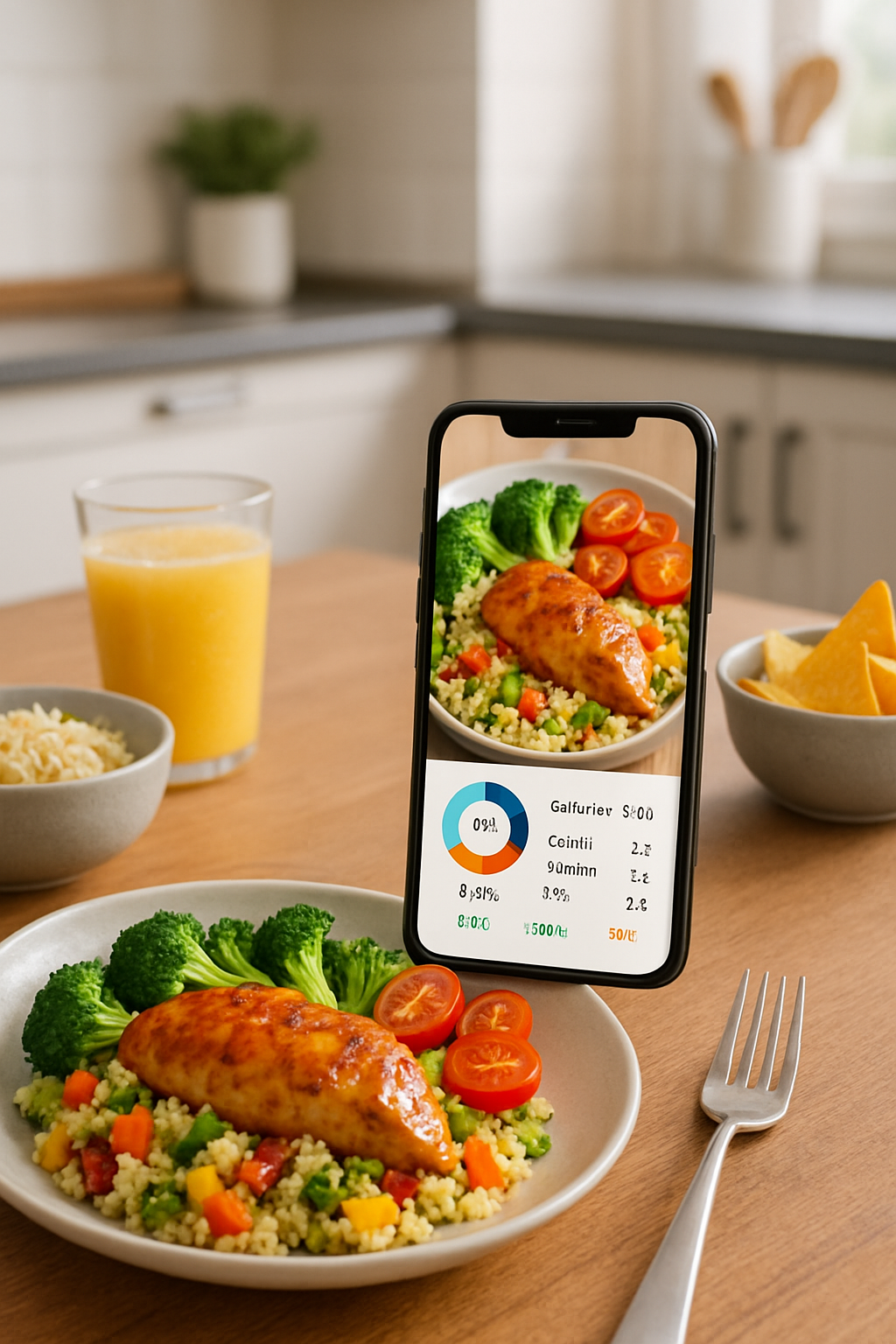 A smartphone displaying the SnapEat AI food tracking app interface with nutritional analysis of a meal.