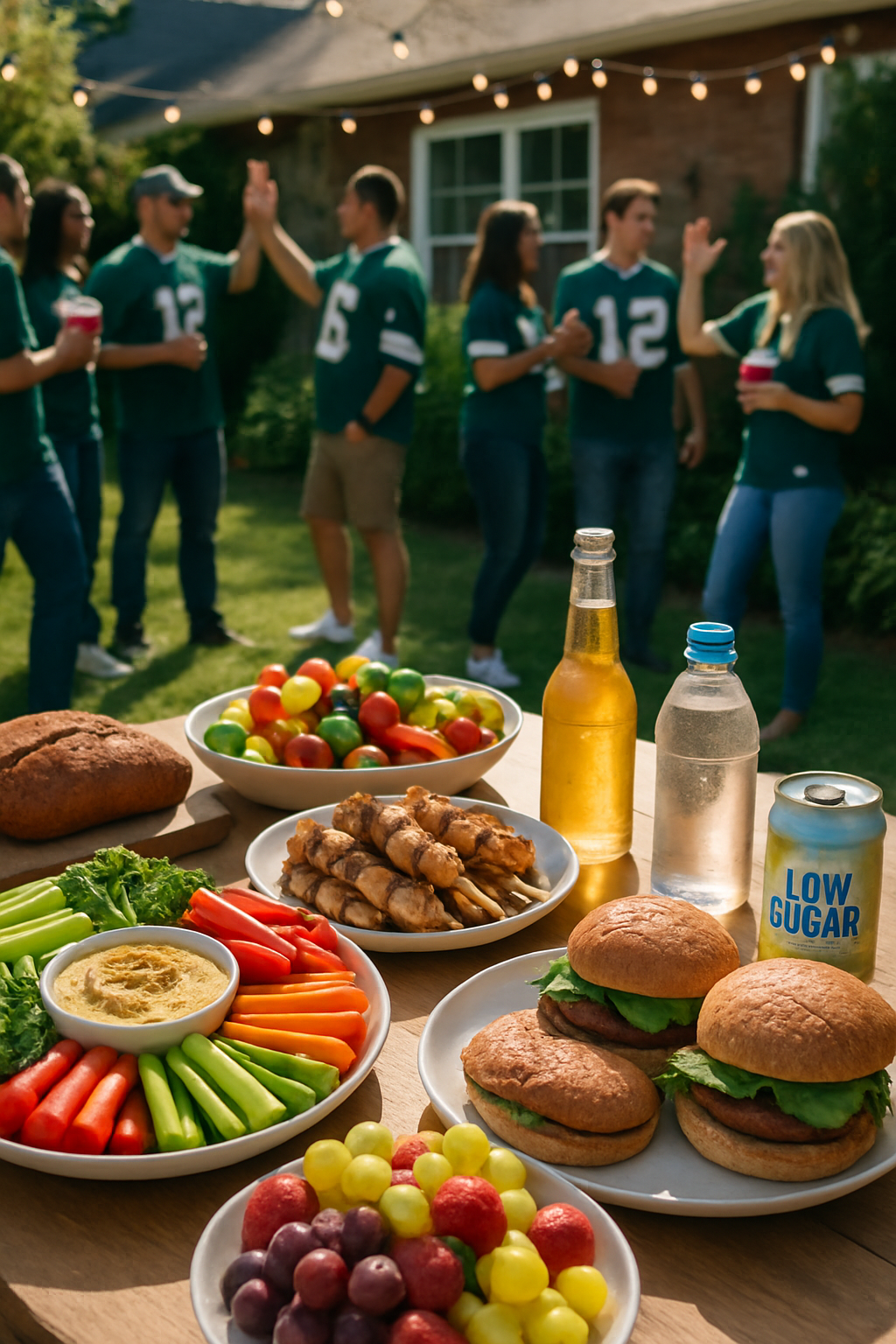 A person using the SnapEat AI app on their phone to scan a plate of healthy game day food including grilled chicken skewers and a salad.
