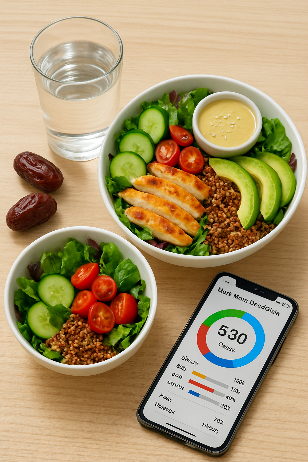A balanced smart iftar meal with grilled chicken and quinoa, illustrating healthy eating during Ramadan with the SnapEat AI app.