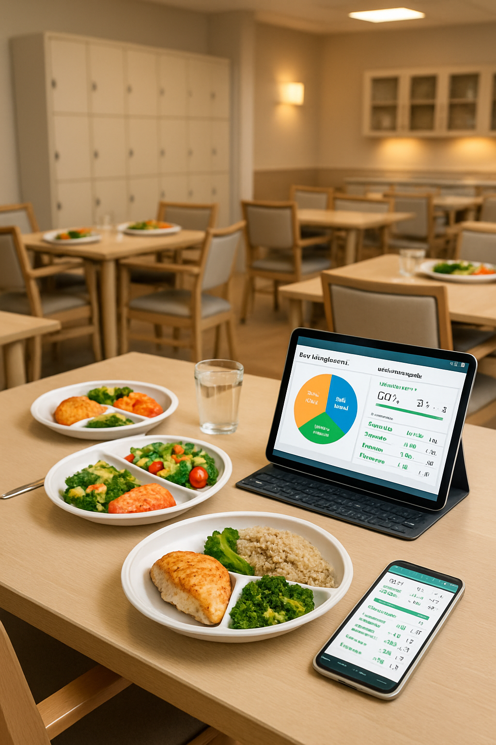 Caregiver using a tablet with SnapEat AI to scan a resident's meal tray in a nursing home setting