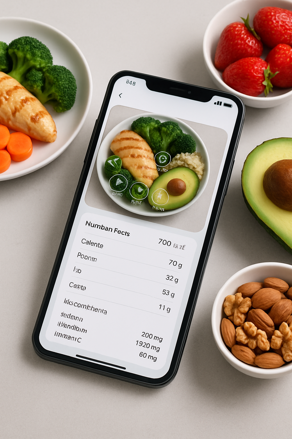 A smartphone using the SnapEat AI calorie tracker app to analyze a healthy meal of salmon and vegetables by photo.