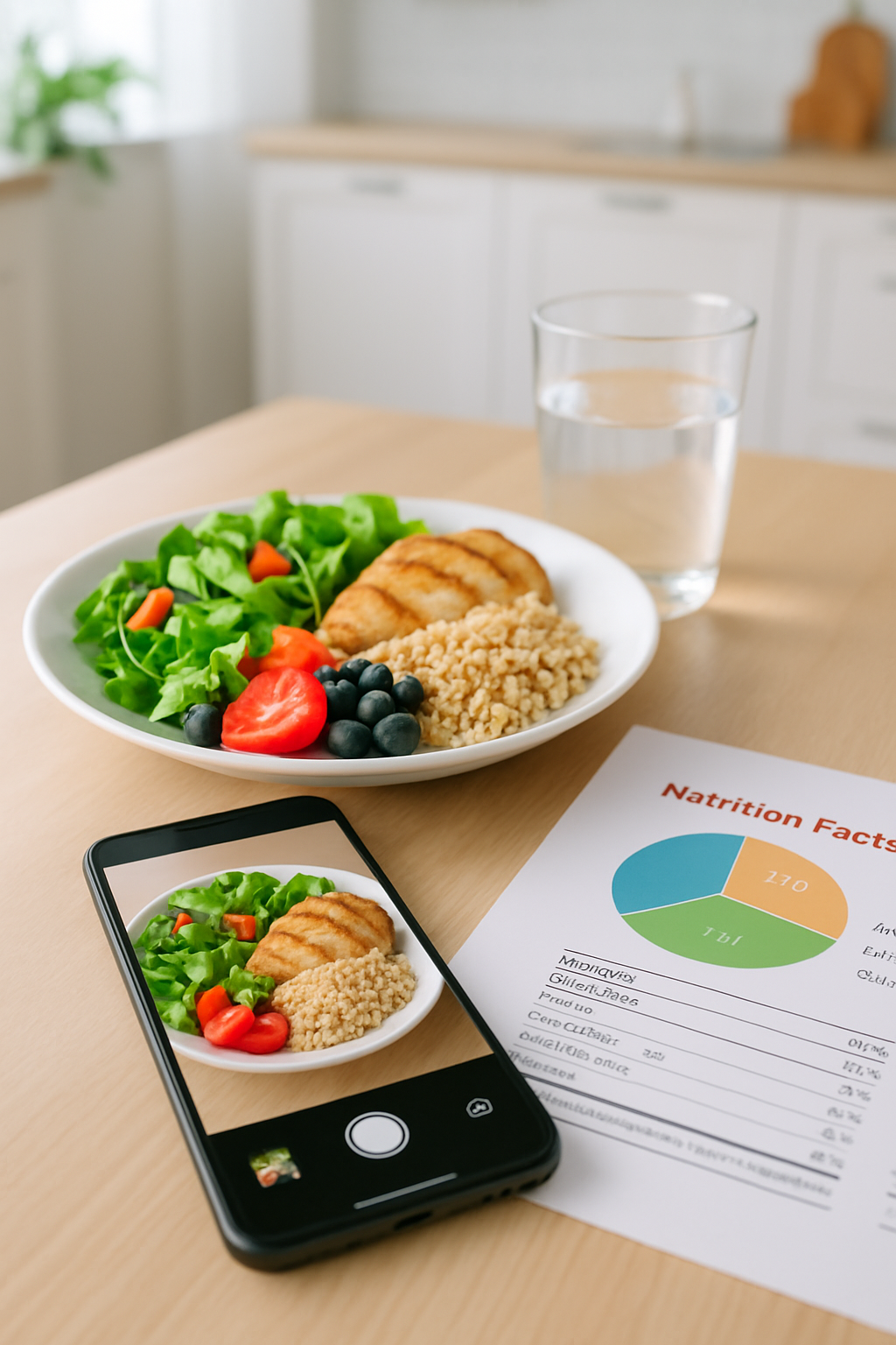 Smartphone showing the SnapEat AI app interface, using its camera to analyze a healthy meal for calorie and nutrition tracking.