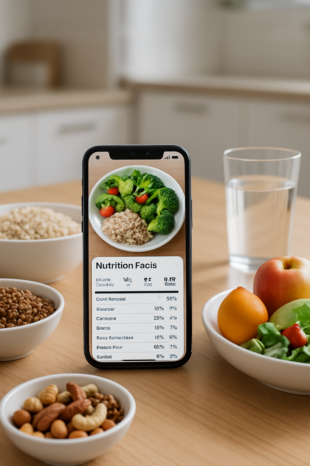 A smartphone showing the SnapEat AI food coach app interface, analyzing a healthy meal of salmon and vegetables.