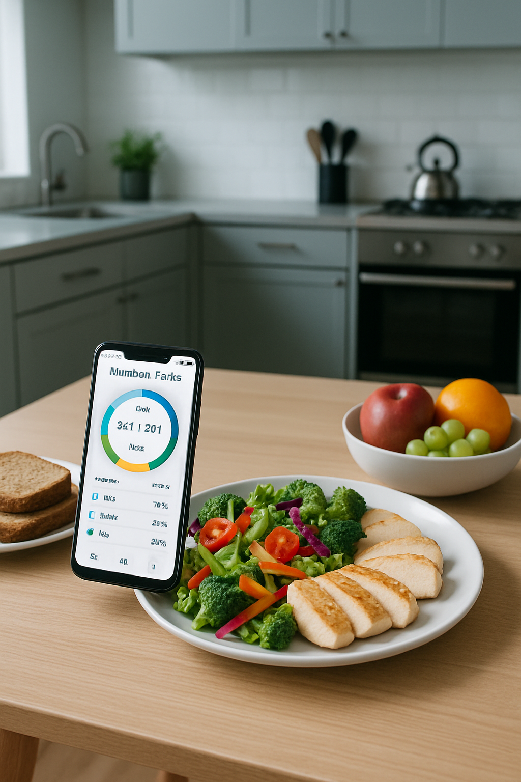 Smartphone screen showing the SnapEat AI food tracker app interface analyzing a healthy meal with nutritional data.
