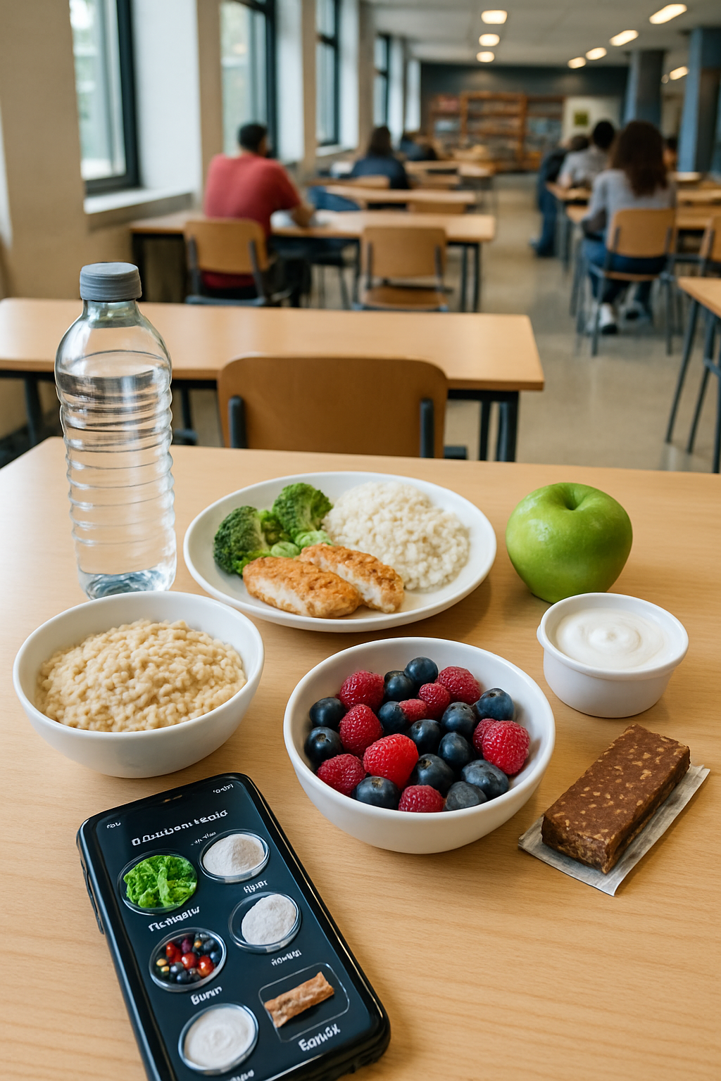 Student using the SnapEat AI food tracker app to log a healthy cafeteria meal at LaGuardia College, illustrating easy nutrition tracking.