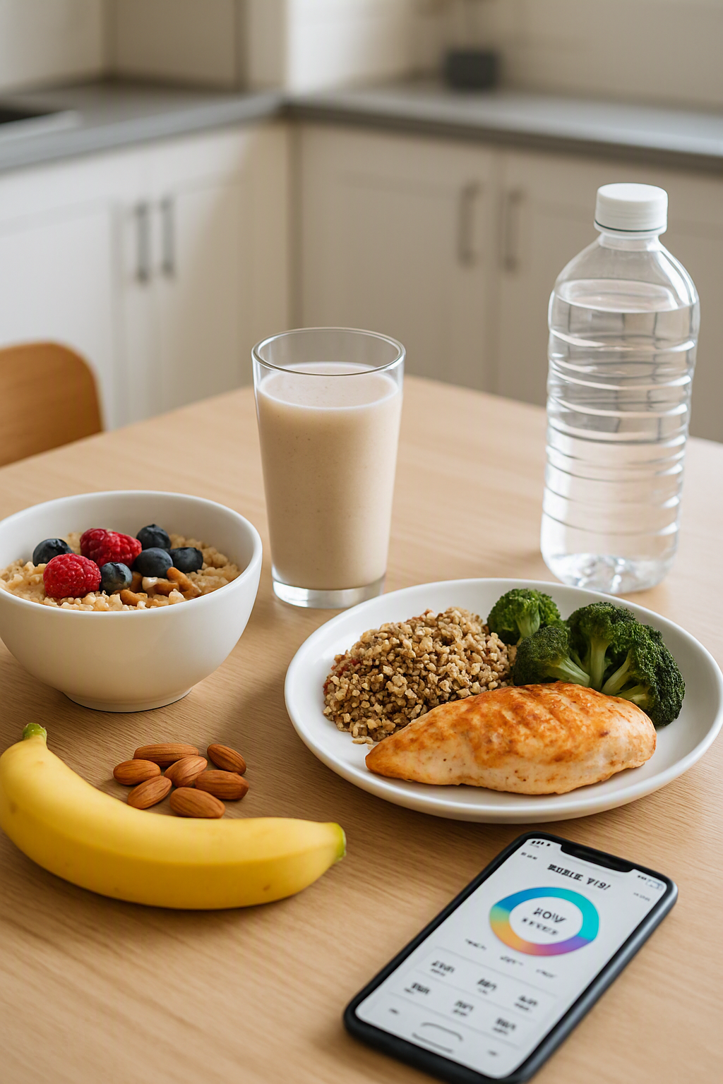 Athlete reviewing a peak athletic nutrition plan on their phone with the SnapEat AI app in a modern kitchen.