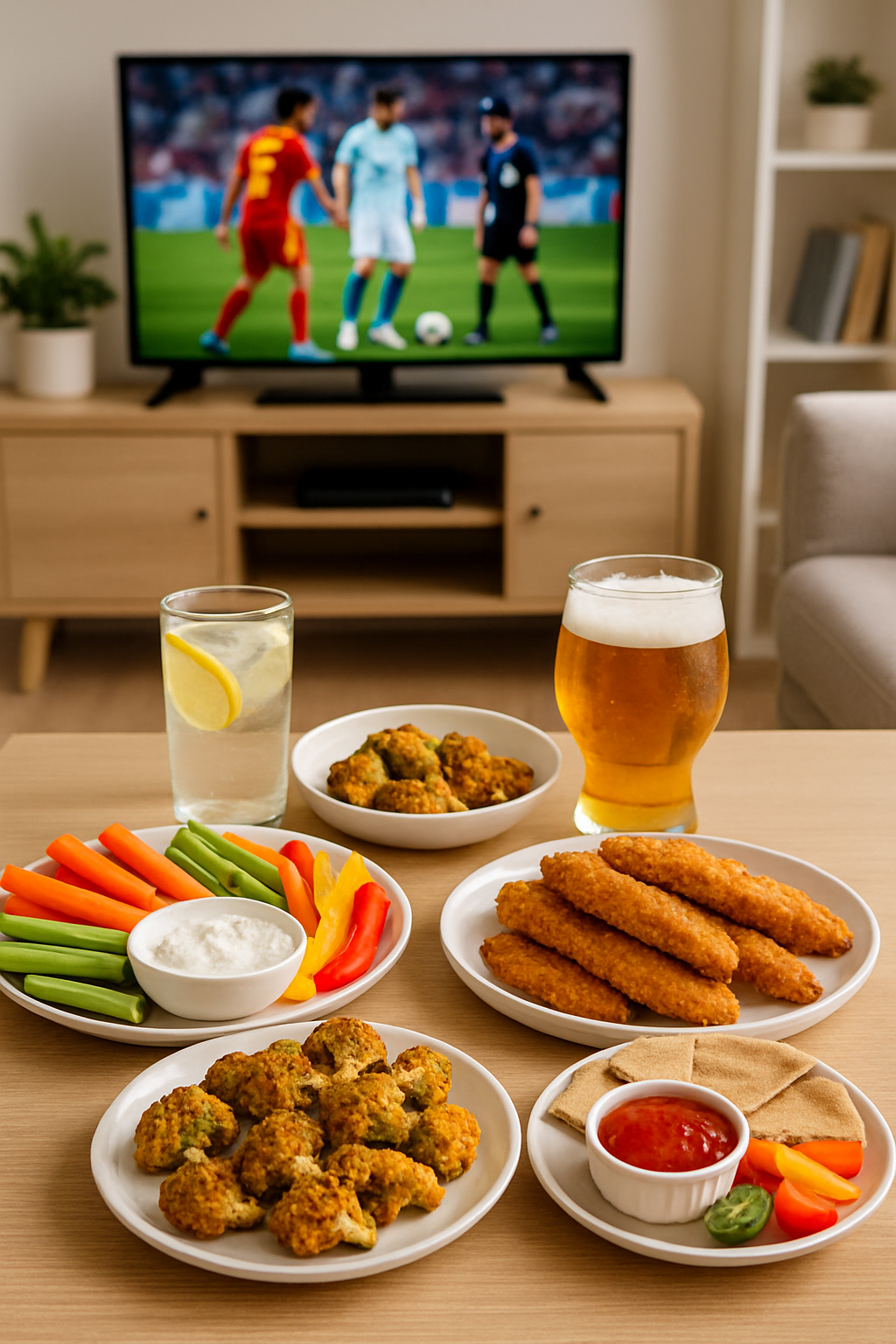 A colorful display of healthy snacks, including veggie sticks, baked wings, and yogurt dip, ready for game day.