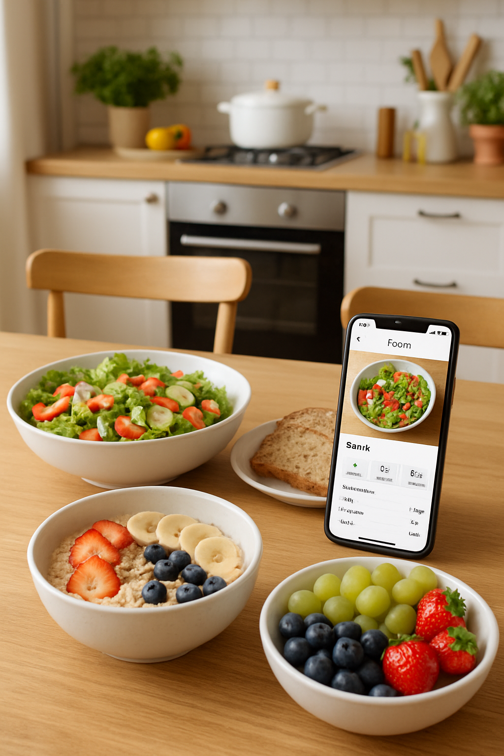 A smartphone showing the SnapEat AI app interface with a photo of a healthy meal, demonstrating how to stay healthy on weekends.