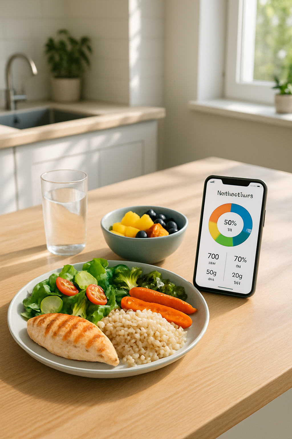 A smartphone showing the SnapEat AI nutrition tracker app analyzing a photo of a healthy meal.