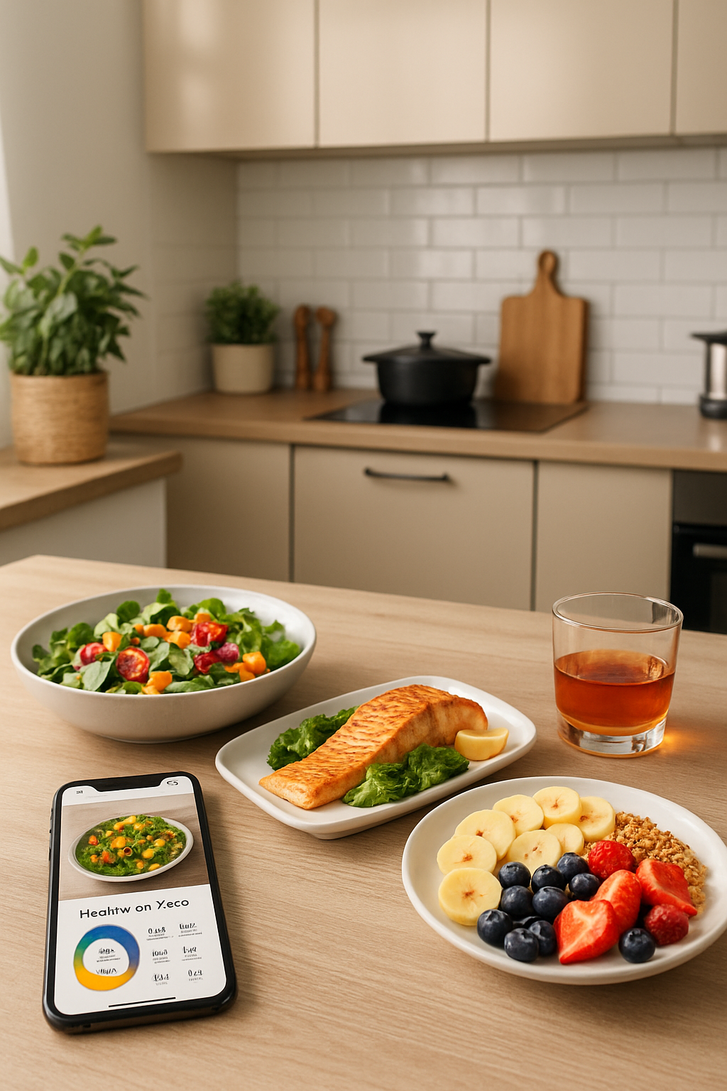 A smartphone using the SnapEat AI app to scan a balanced meal with a glass of Chivas, demonstrating smart food tracking.
