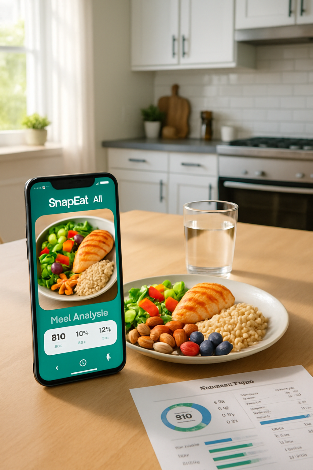 Smartphone showing the SnapEat AI app interface analyzing a healthy meal, demonstrating the smart calorie counter and AI nutrition coach feature for a 2025 wellness journey.