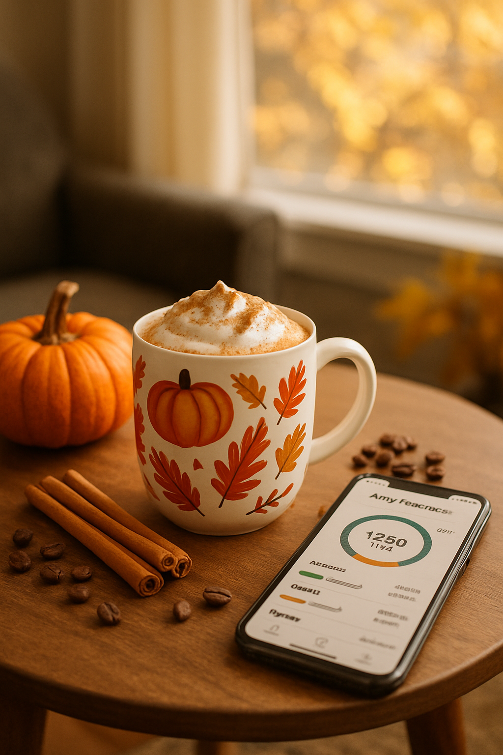 A person tracking a Pumpkin Spice Latte using the SnapEat AI photo calorie counter app on their phone.