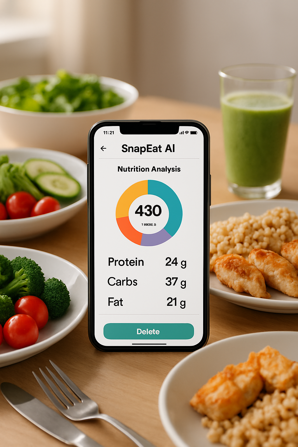 Smartphone displaying the SneakNutri app interface after analyzing a photo of a healthy meal of salmon and vegetables.