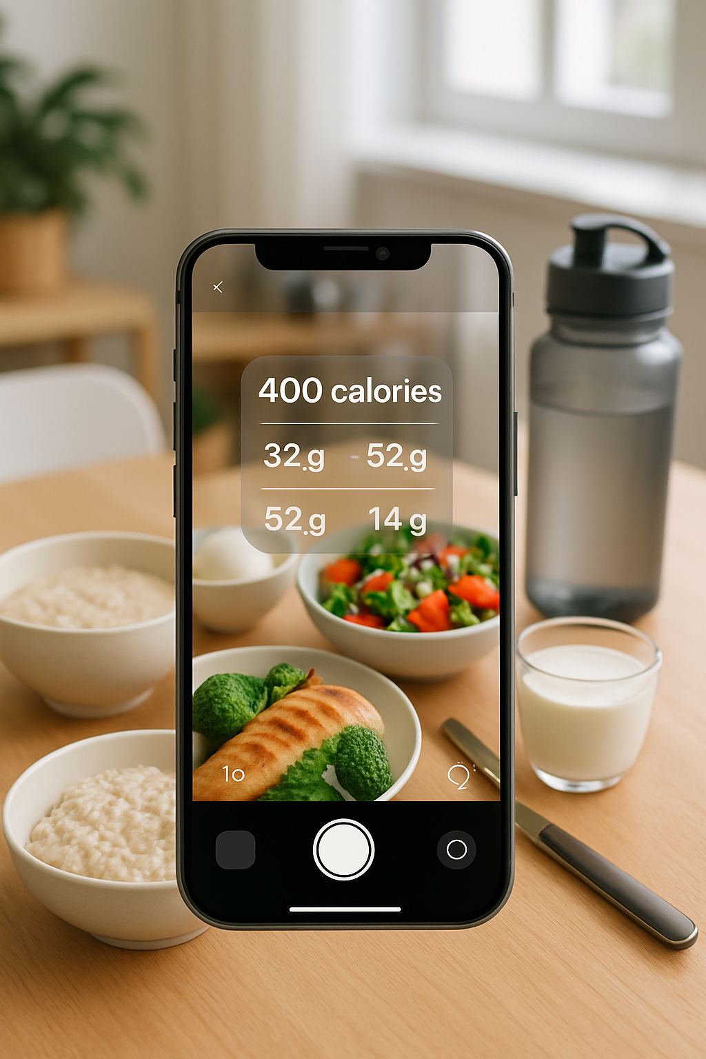 A person using the SnapEat AI app on their phone to track the calories of a healthy meal for the Karol G challenge.