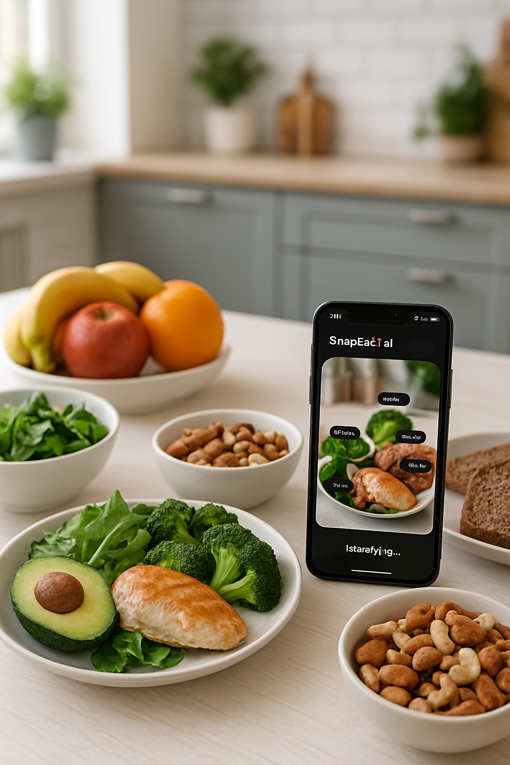 A Chivas de Guadalajara fan uses the SnapEat AI app on their phone to track a meal of tacos, with the stadium visible in the background.