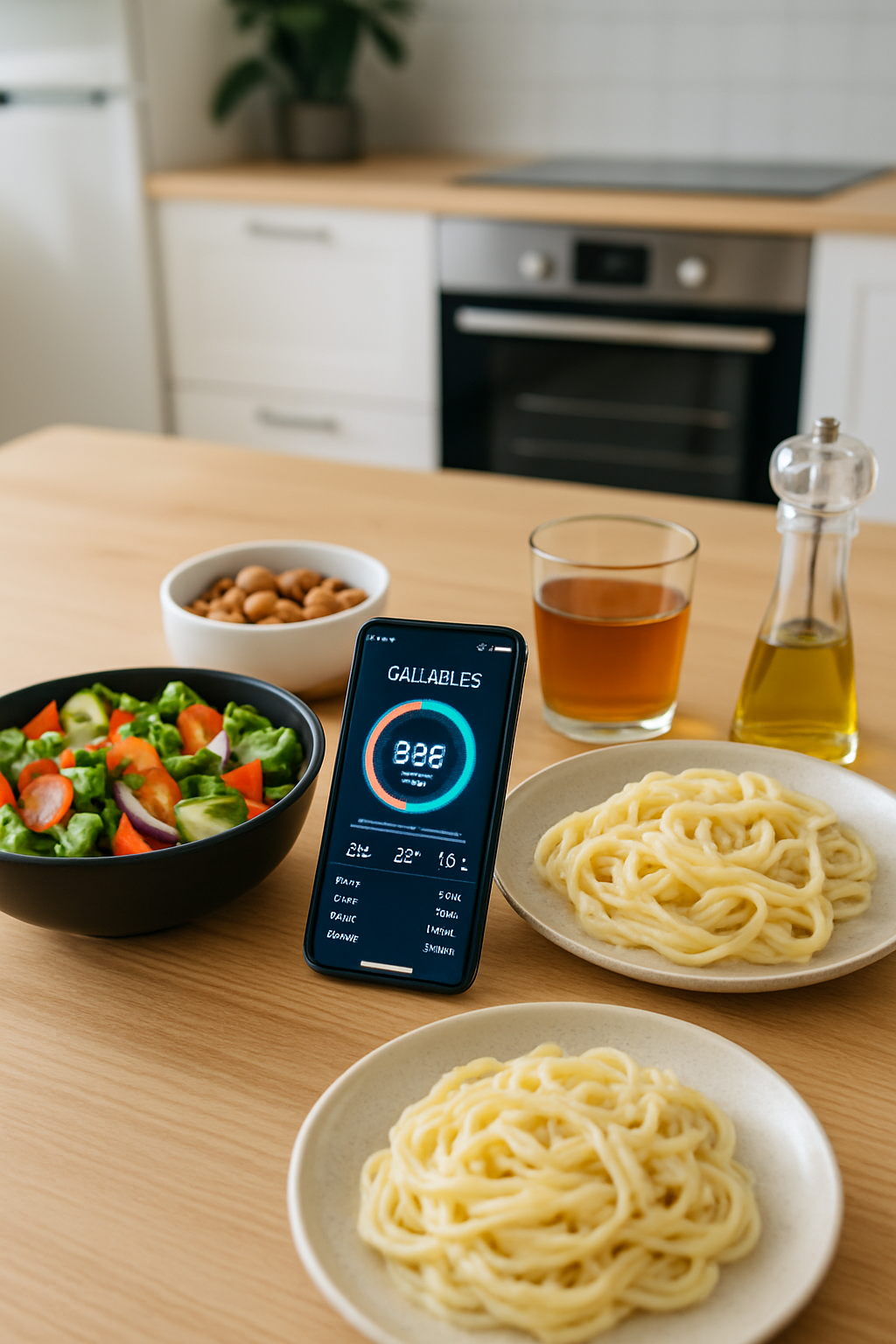 A smartphone showing the SnapEat AI food tracker app analyzing a healthy meal for the calorie challenge.