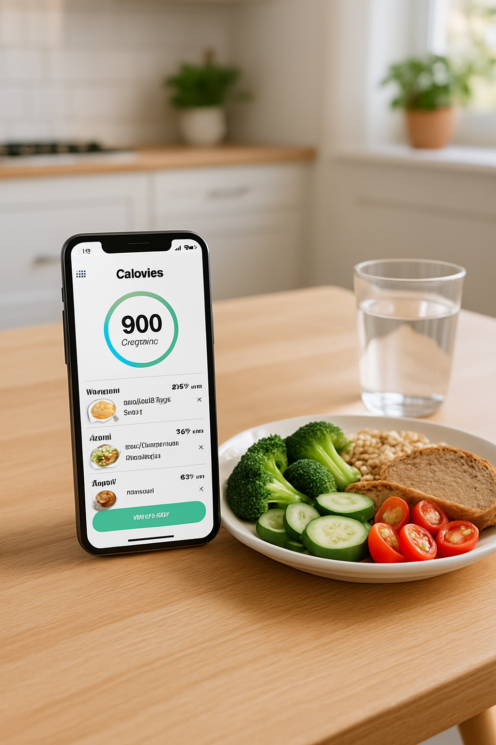Smartphone showing the SnapEat AI app interface next to a healthy meal, demonstrating how to track food for the Piper Rockelle Challenge.