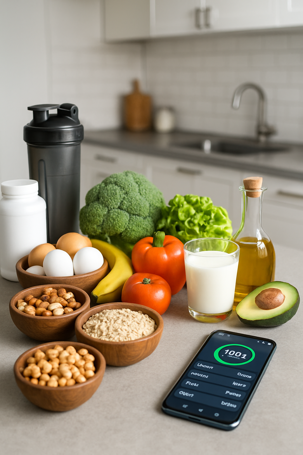 A smartphone displaying the SnapEat AI nutrition coach app interface next to a healthy athlete's meal of salmon and vegetables.