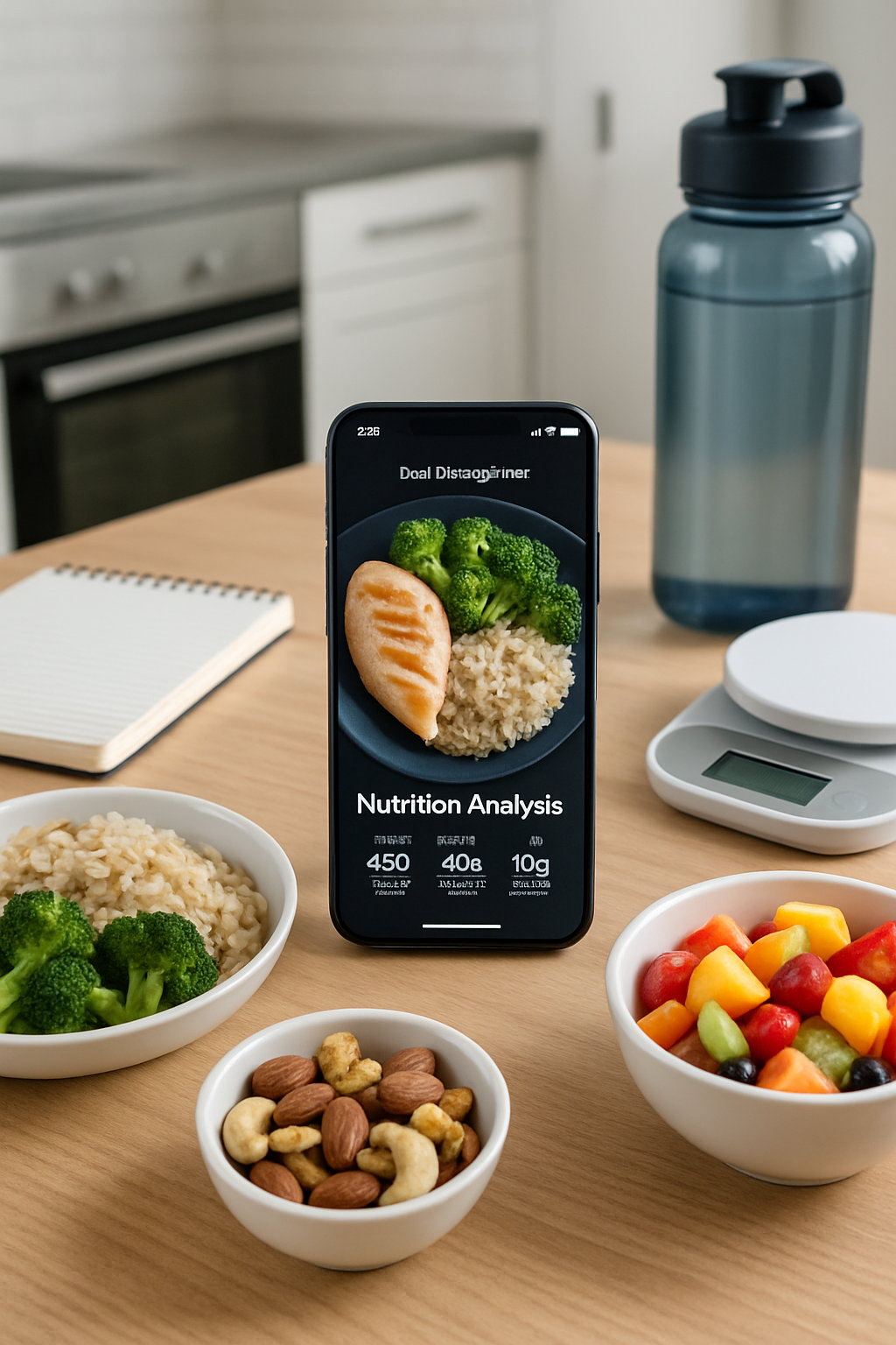 A smartphone running the SnapEat AI app, analyzing a photo of a healthy meal to provide smart nutrition tracking data.