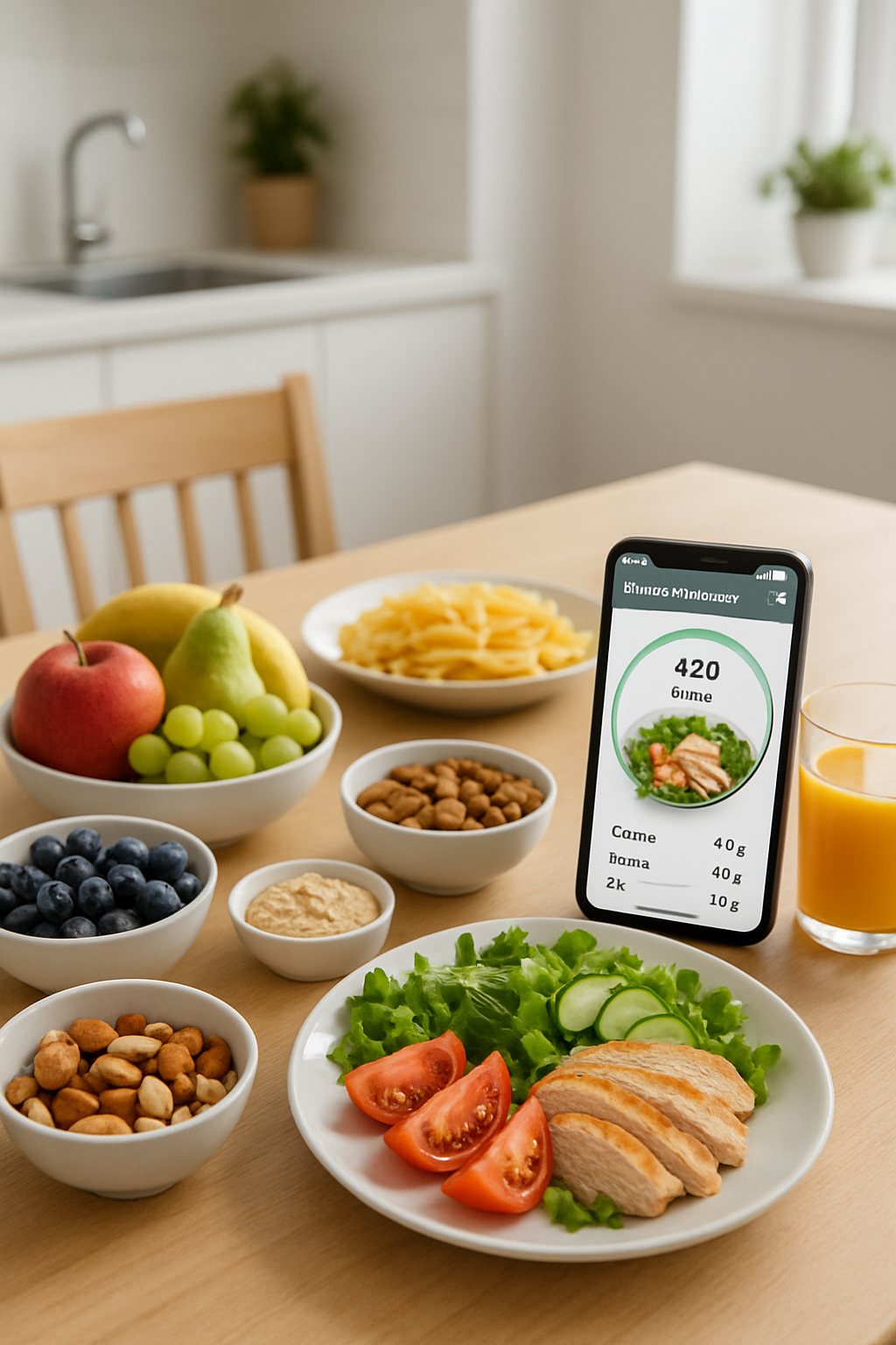Phone screen showing the SnapFood Coach app interface analyzing a meal of salmon and vegetables with its smart food tracker technology.