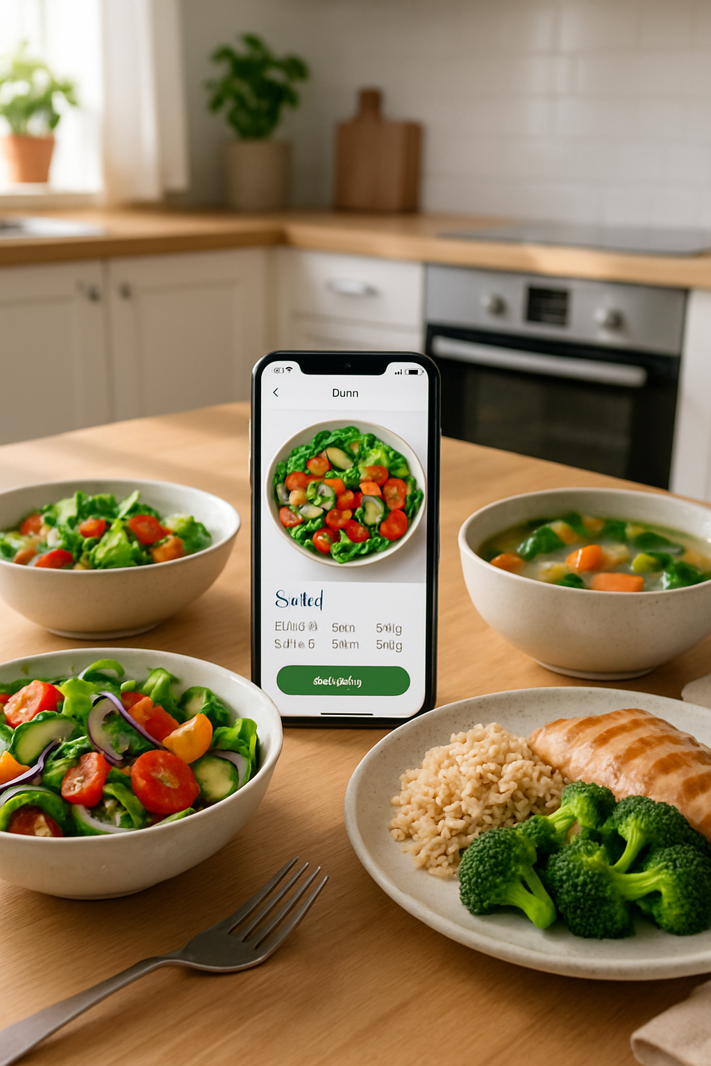 A woman using the SnapEat AI food recognition app on her phone to analyze the nutrition of a healthy salad