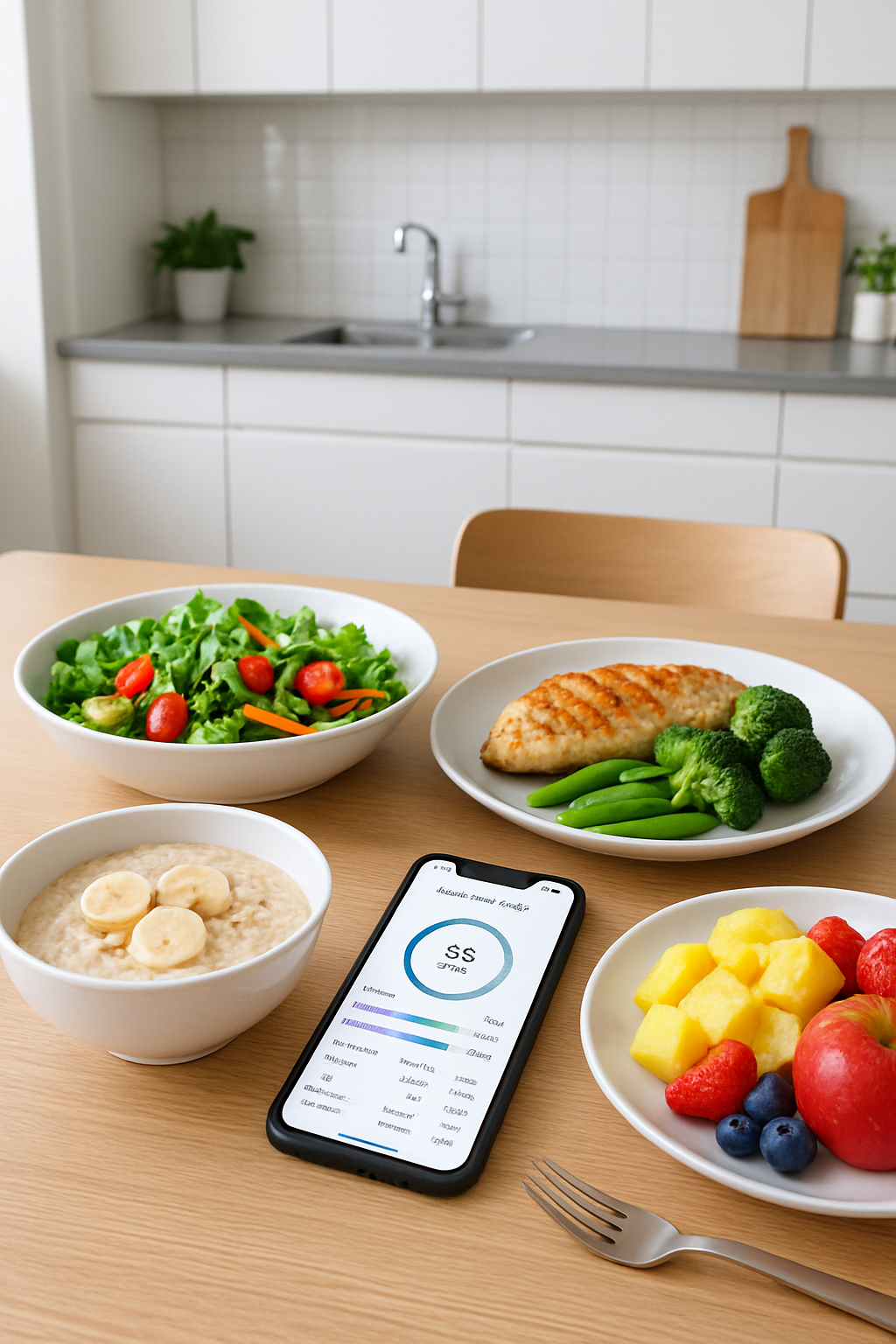 A smartphone using an AI meal tracker app to scan a healthy meal of salmon, quinoa, and vegetables.