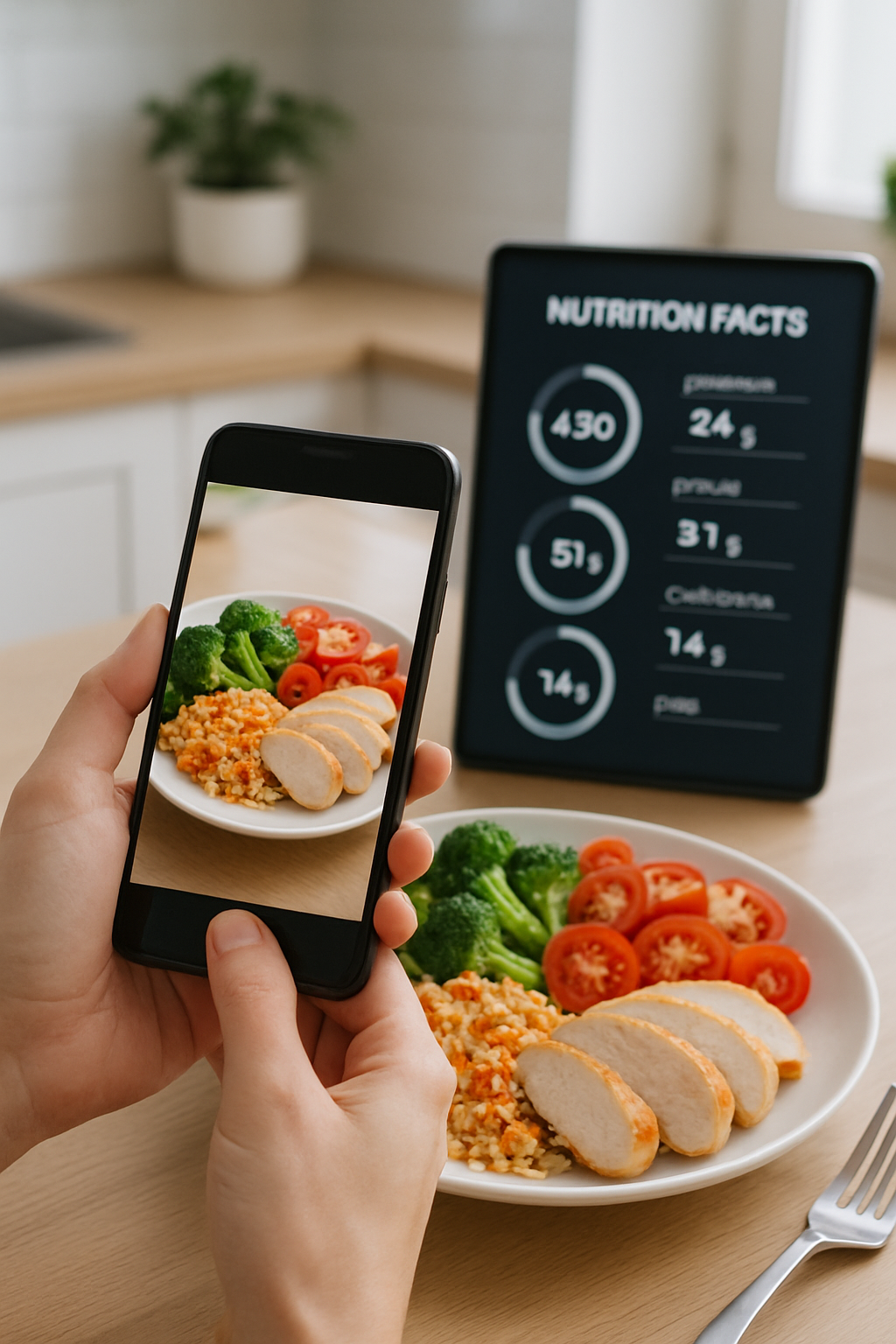 A smartphone screen showing the SnapEat AI food recognition app analyzing a healthy meal of salmon and vegetables.