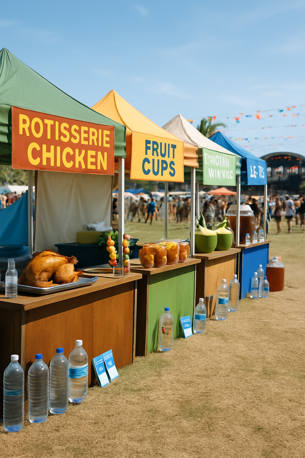 A group of friends enjoying healthy food options at a music festival like Coachella, demonstrating good festival nutrition.