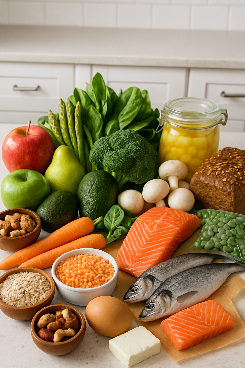 A vibrant assortment of 14 healthy foods recommended for weight loss, laid out on a clean surface