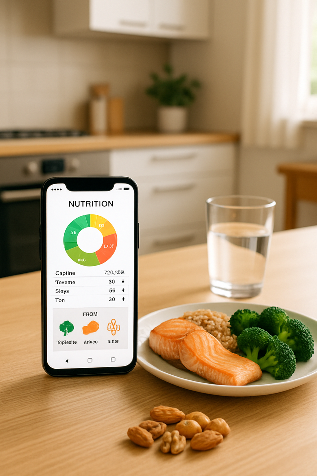 A smartphone showing the SnapEat AI smart calorie counter interface after analyzing a photo of a healthy meal.