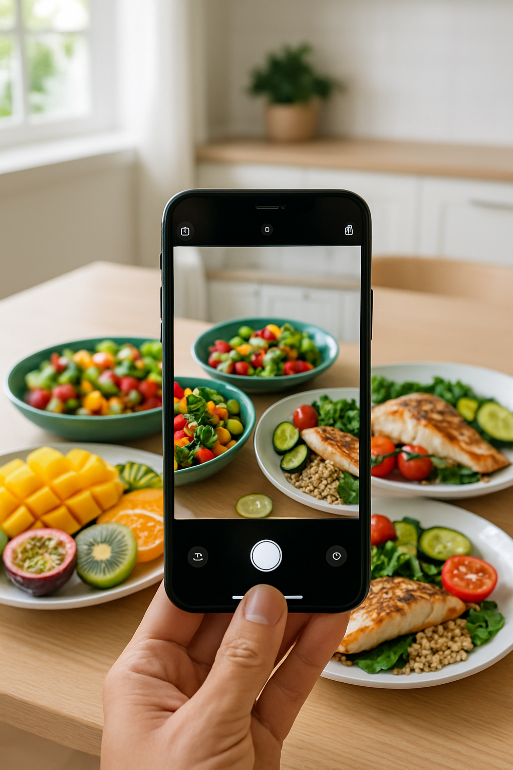 A person using the SnapEat AI food recognition app to track a colorful tropical meal of fish, rice, and vegetables on their phone.