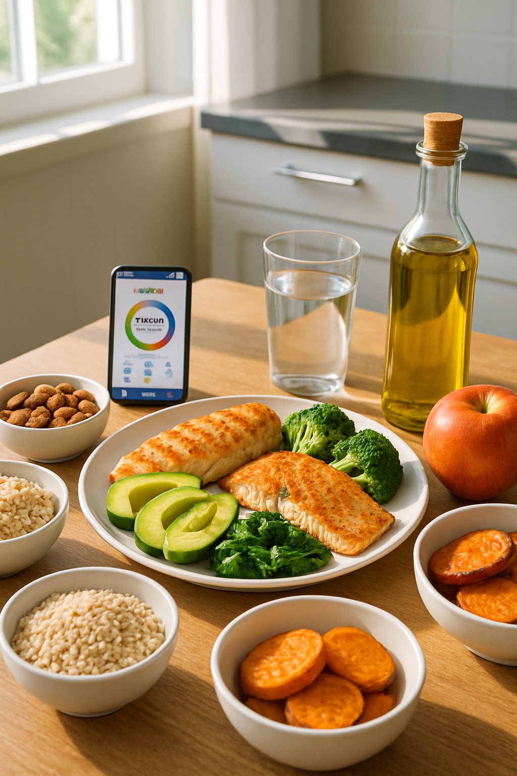 Zach Charbonnet's athlete nutrition plan visualized with healthy foods like chicken, broccoli, and quinoa, optimized with the SnapEat AI app.