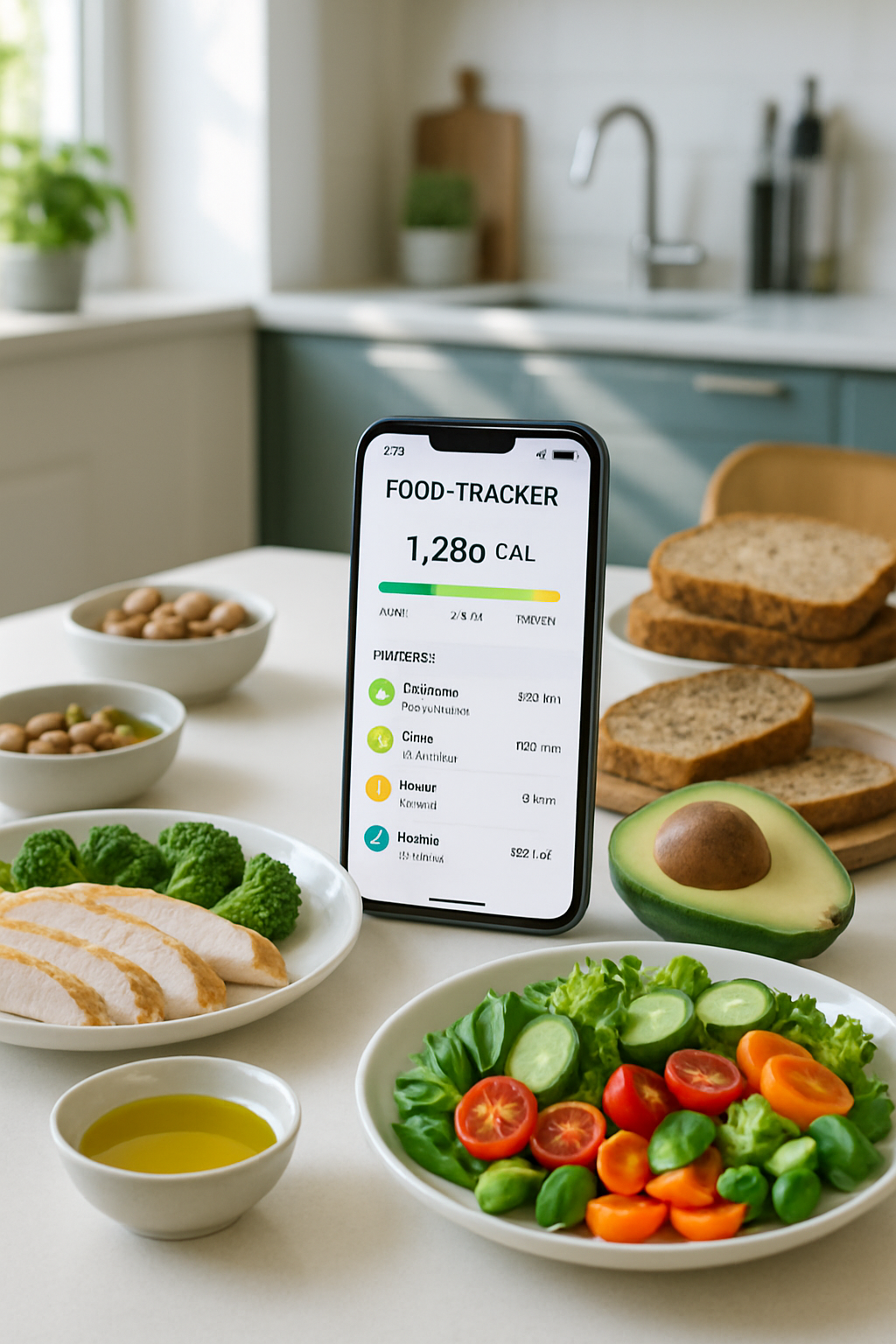 A smartphone displaying the SnapEat AI app interface over a modern, personalized food pyramid, demonstrating a smart food guide.