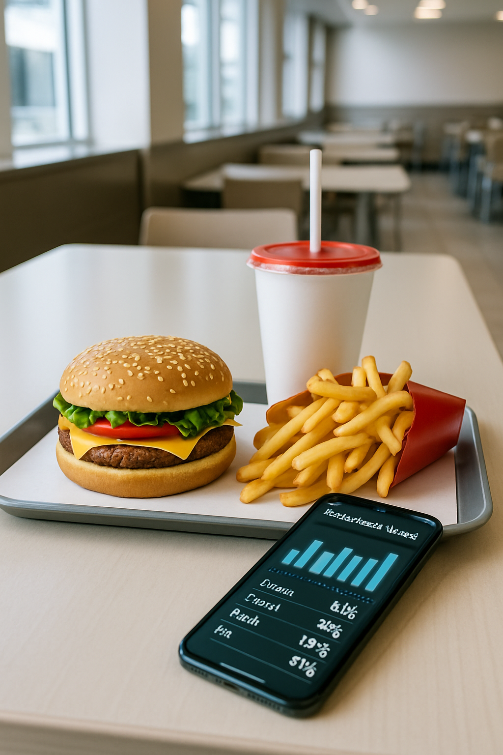 A smartphone displaying the SnapEat AI app tracking the calories and nutrition of a Wendy's meal on a tray.