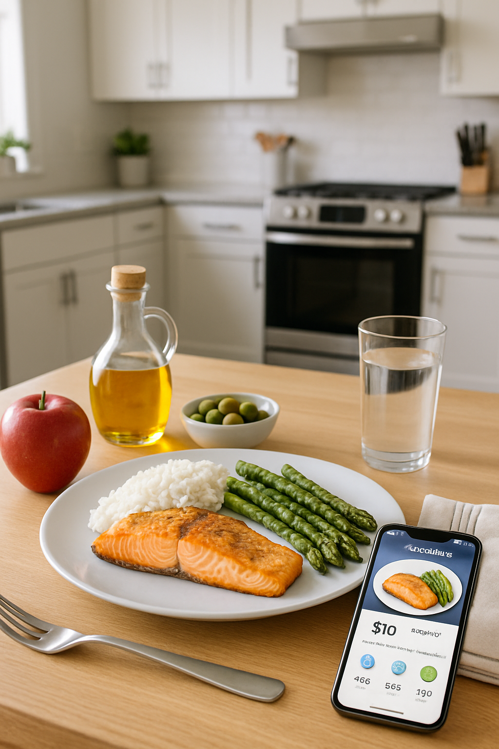 A smartphone using the SnapEat AI meal tracker app to scan a healthy plate of salmon and vegetables for nutrition data.