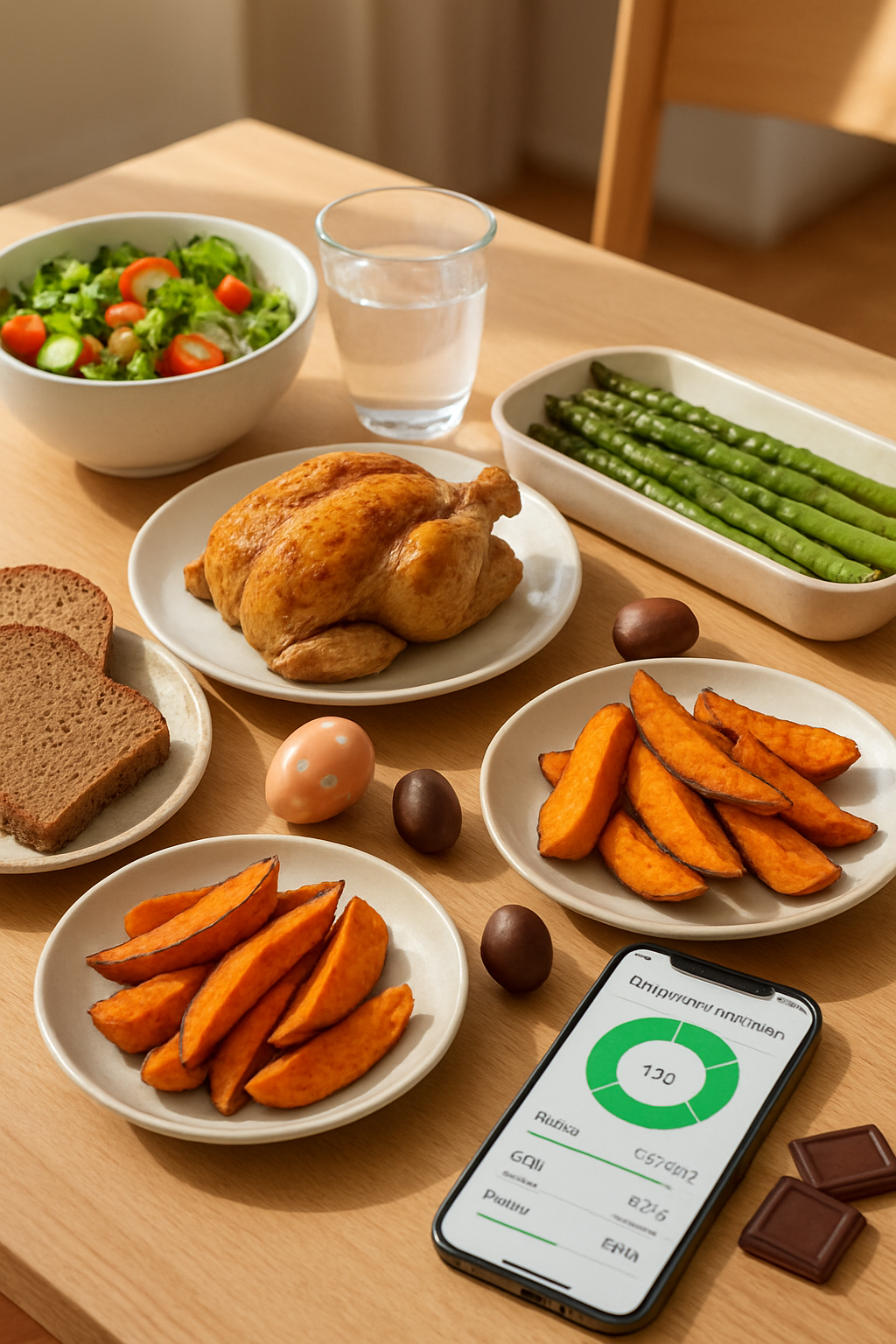 A vibrant and healthy Easter meal on a plate, with a smartphone displaying the SnapEat AI nutrition tracking app interface next to it.