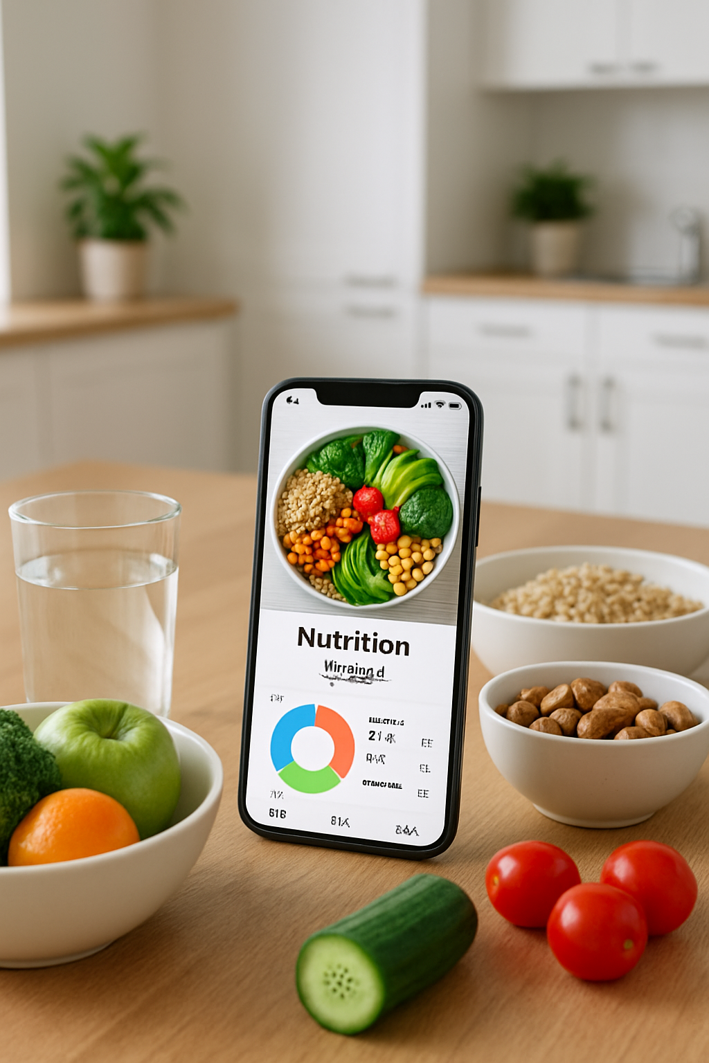 Smartphone showing the SnapEat AI app interface automatically tracking a healthy meal, with text overlay for the #gergieandmandy challenge.
