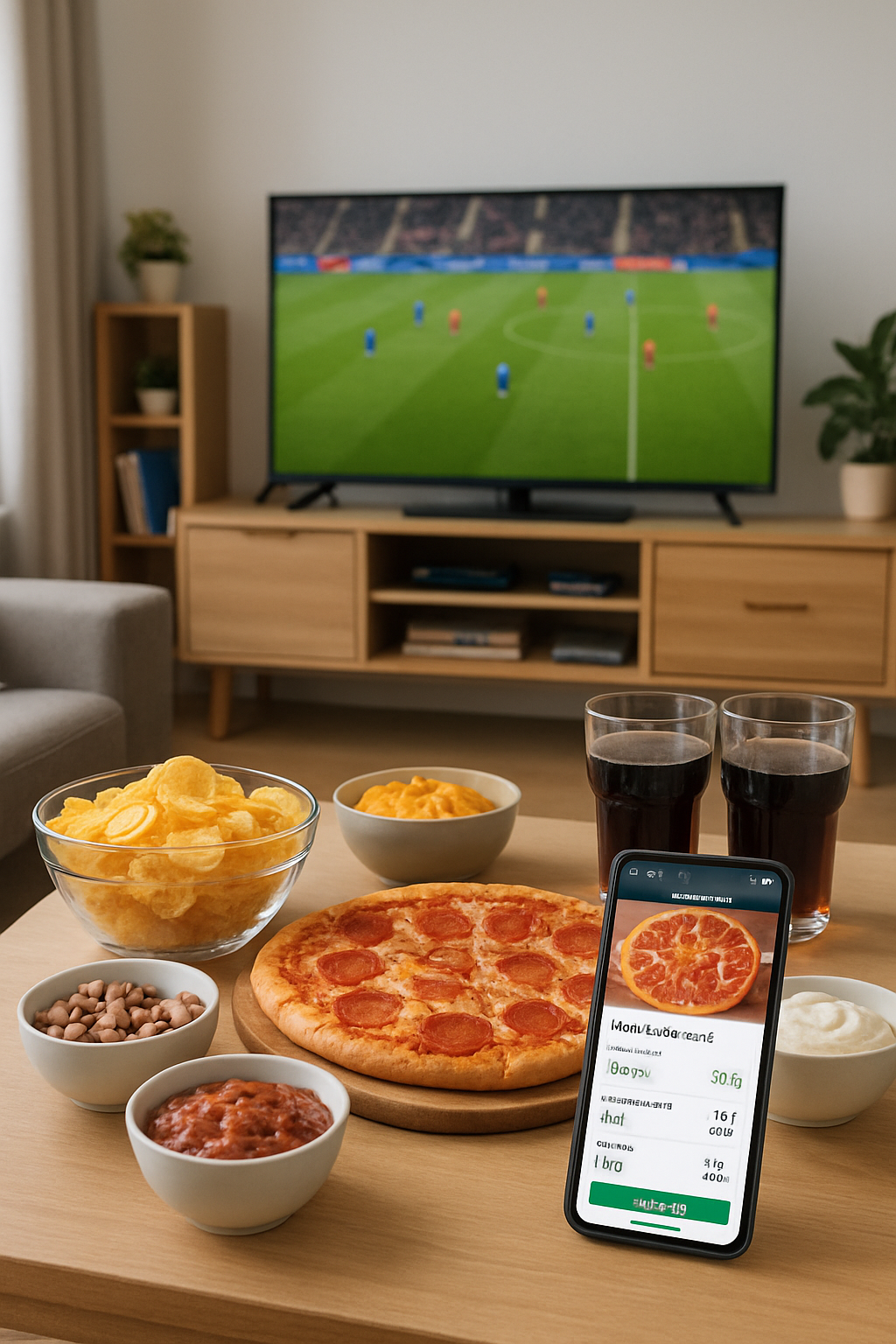 Man using the SnapEat AI food tracker app on his phone to log a meal of pizza and beer while watching a football match.