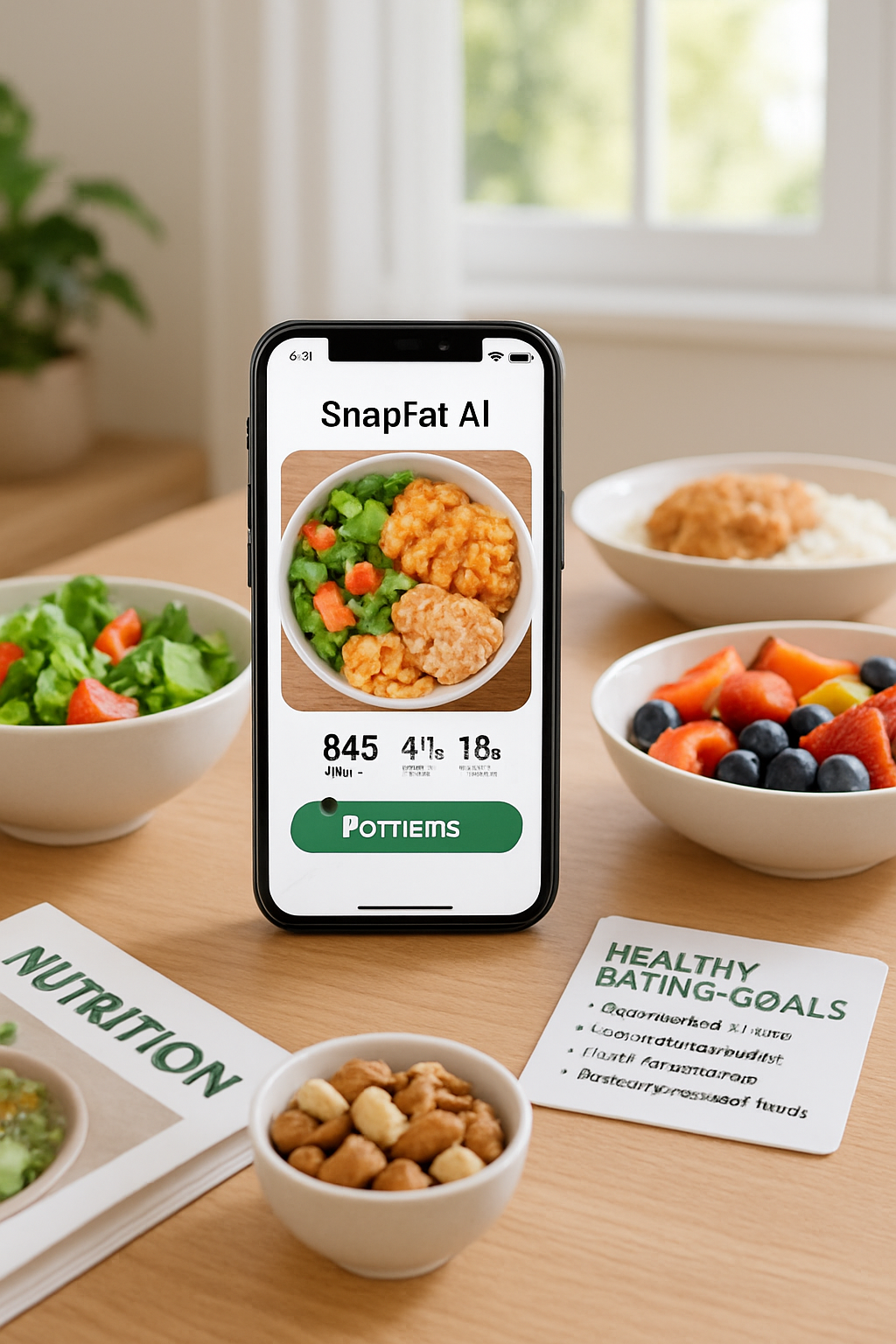 A smartphone displaying the SnapEat AI app interface, which has analyzed a photo of a salmon and vegetable meal and shows its calorie and macro breakdown.
