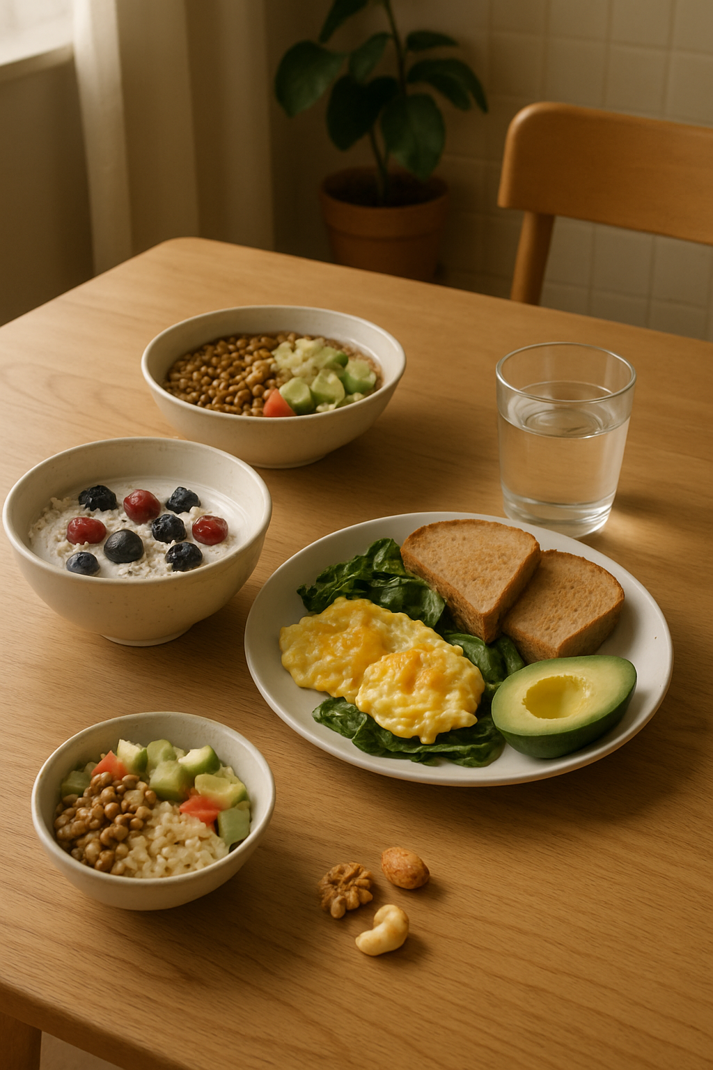 A healthy Sahur meal of oatmeal and fruit being tracked on a phone with the SnapEat AI nutrition tracker app during Ramadan.