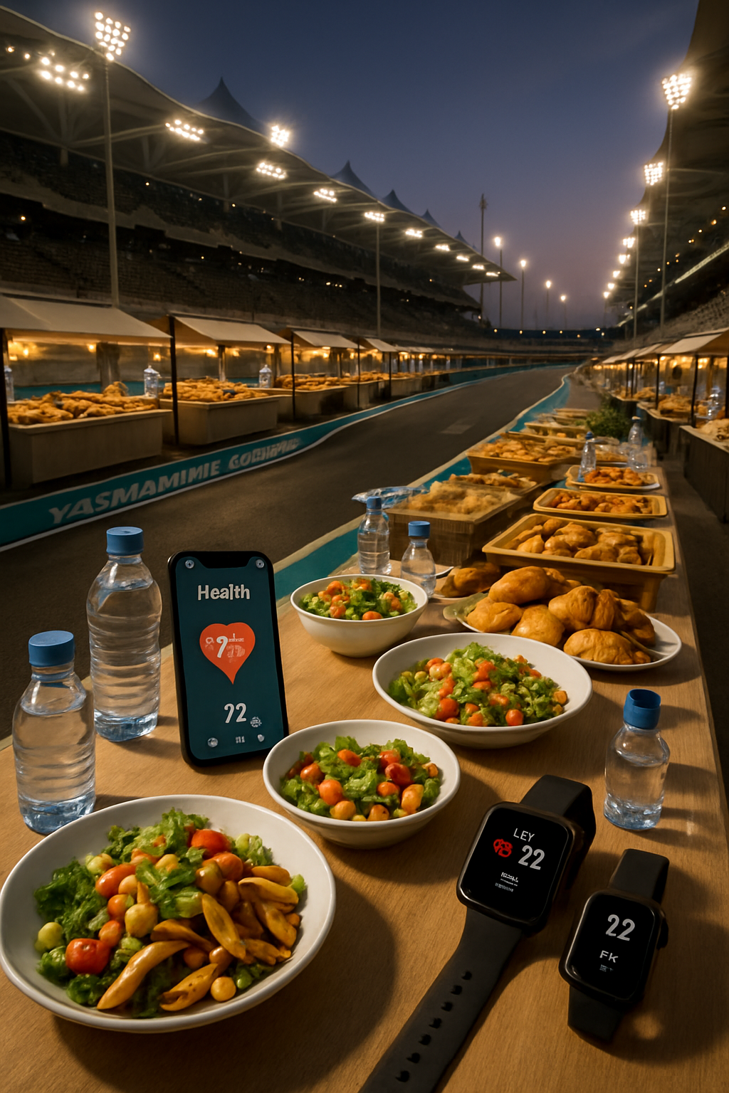Man using SnapEat AI food recognition app on his phone to track nutrition of a meal at the Abu Dhabi GP.